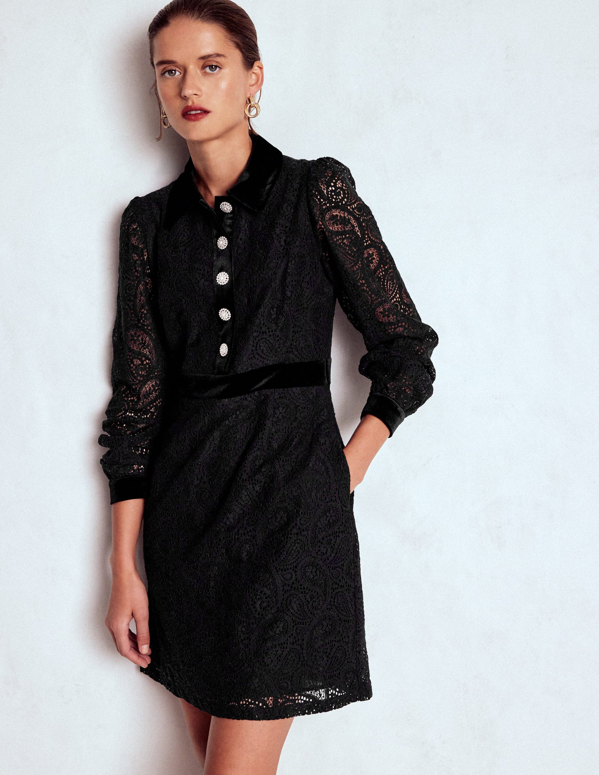 Collar Button Lace Dress-Black | Boden USA Collar Button Lace Dress-Black | Boden USA