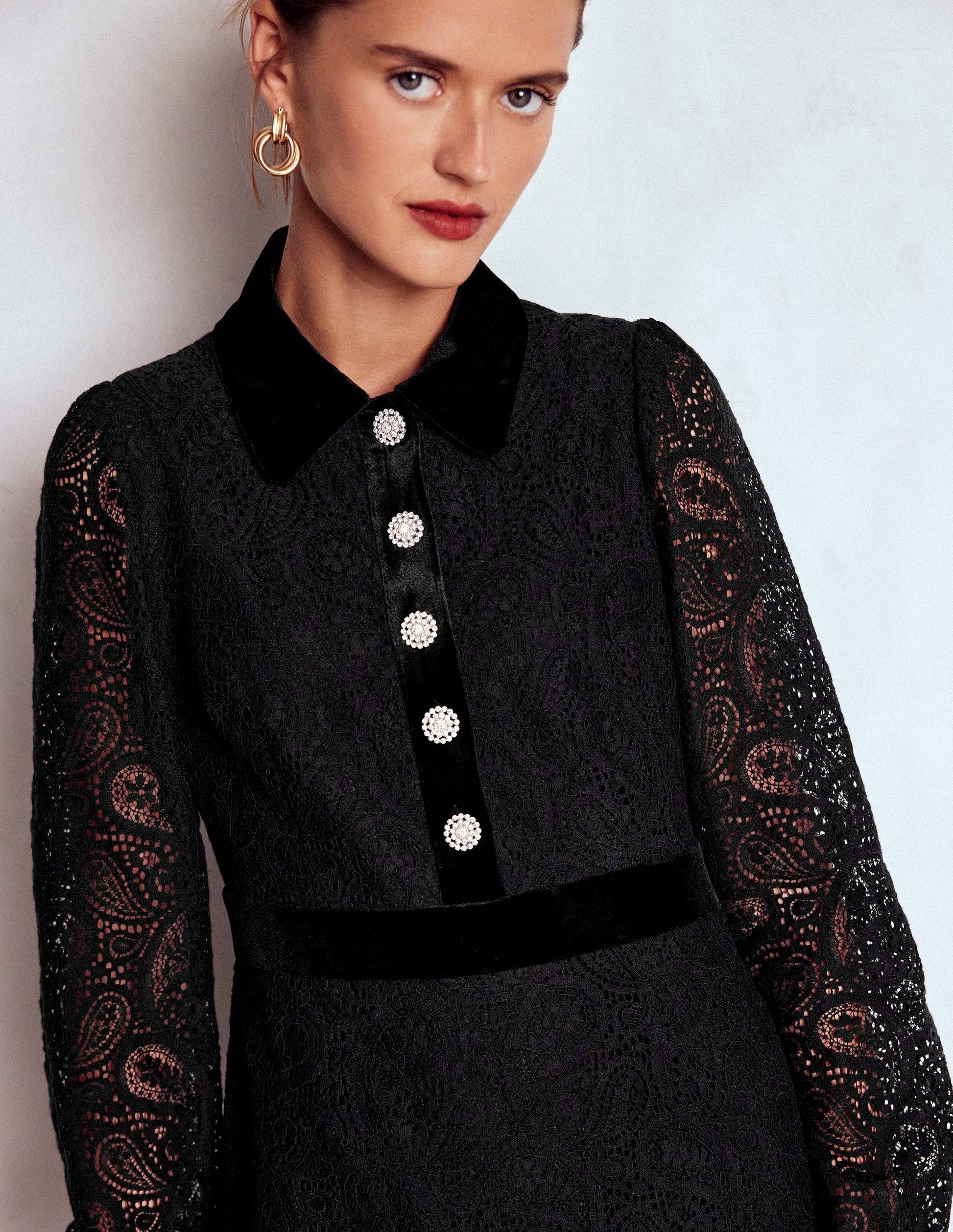 Collar Button Lace Dress-Black Collar Button Lace Dress-Black