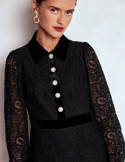 Collar Button Lace Dress-Black-2