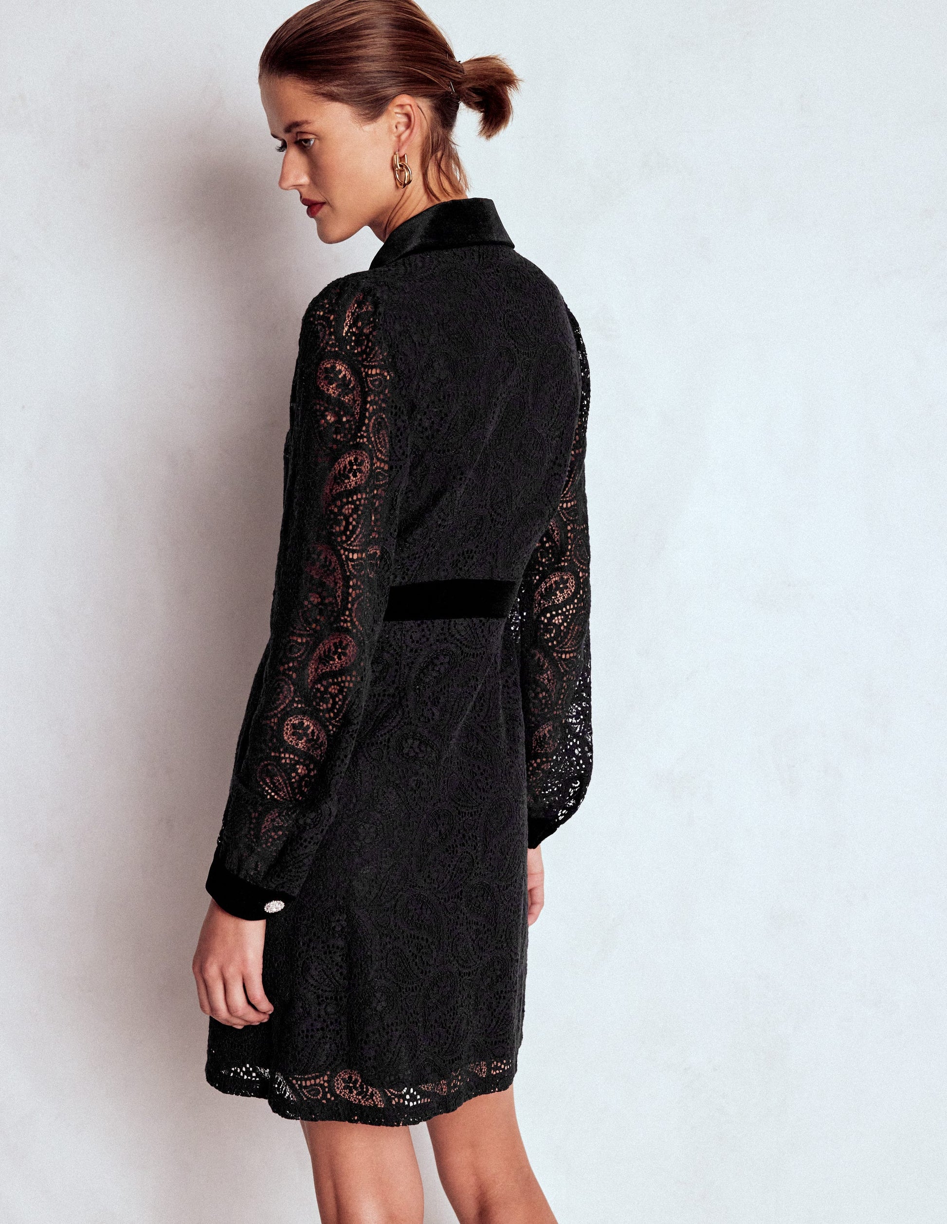 Collar Button Lace Dress-Black Collar Button Lace Dress-Black