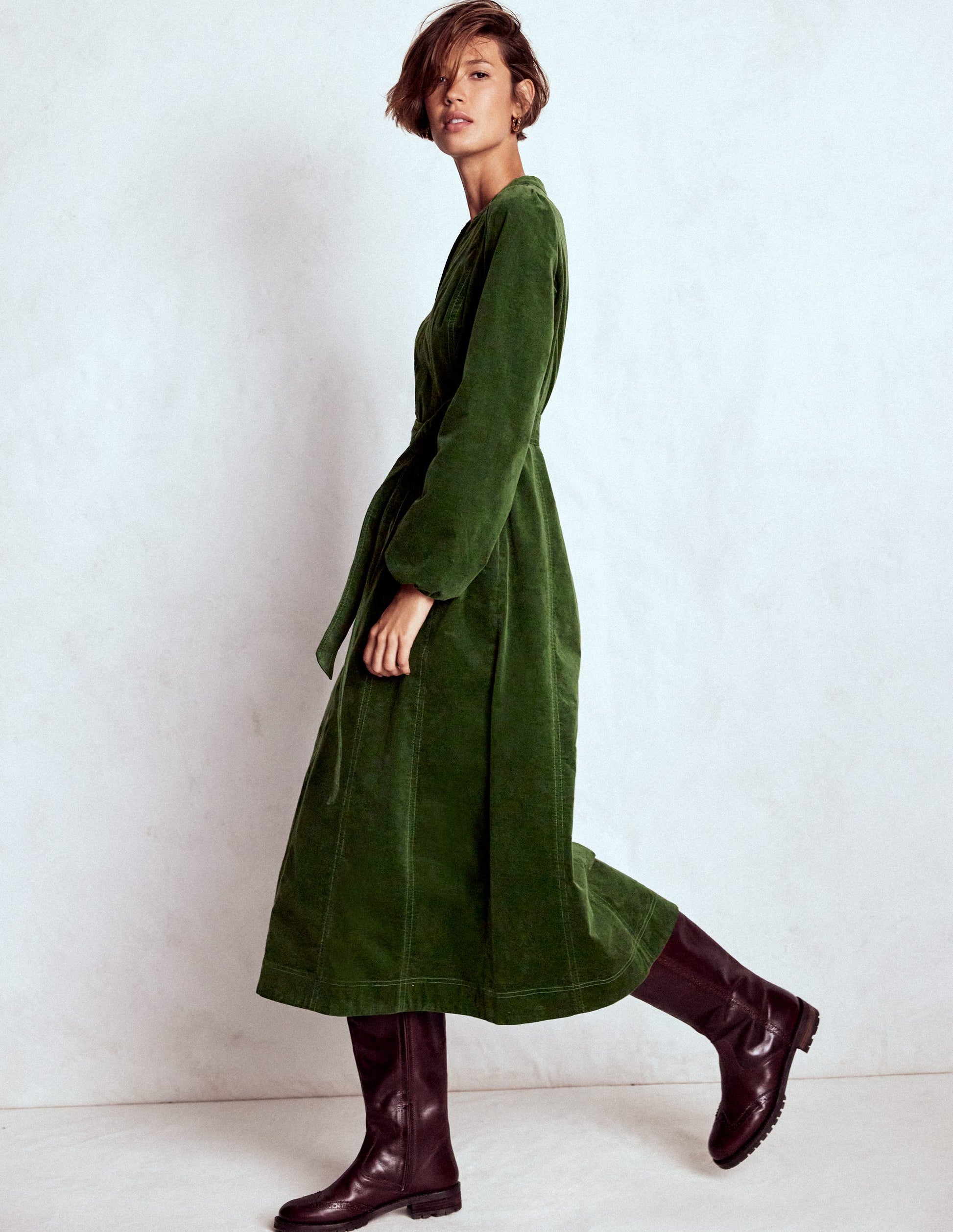Ros Panelled Cord Midi Dress-Green Fir | Boden USA Ros Panelled Cord Midi Dress-Green Fir | Boden USA