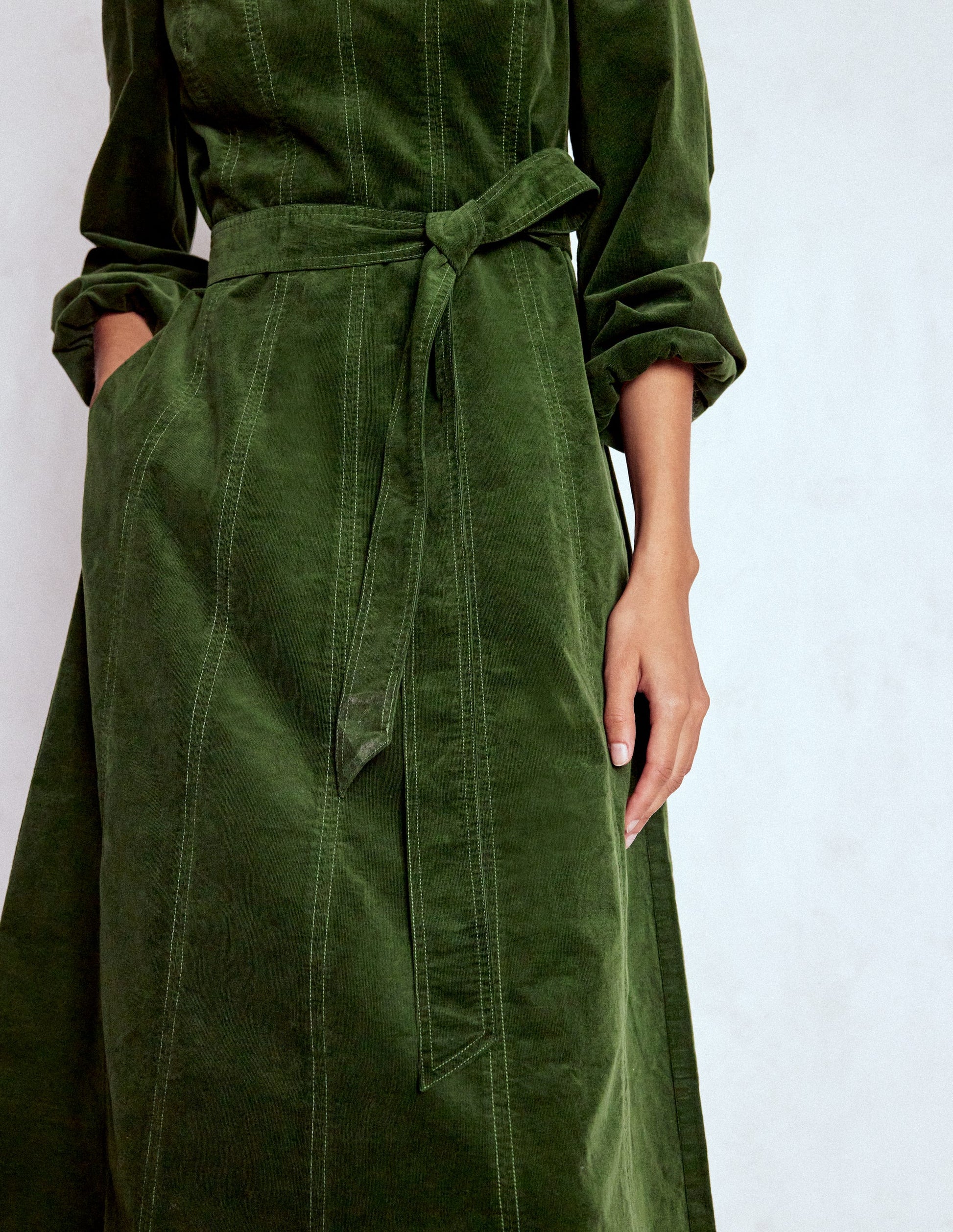 Ros Panelled Cord Midi Dress-Green Fir | Boden USA Ros Panelled Cord Midi Dress-Green Fir | Boden USA