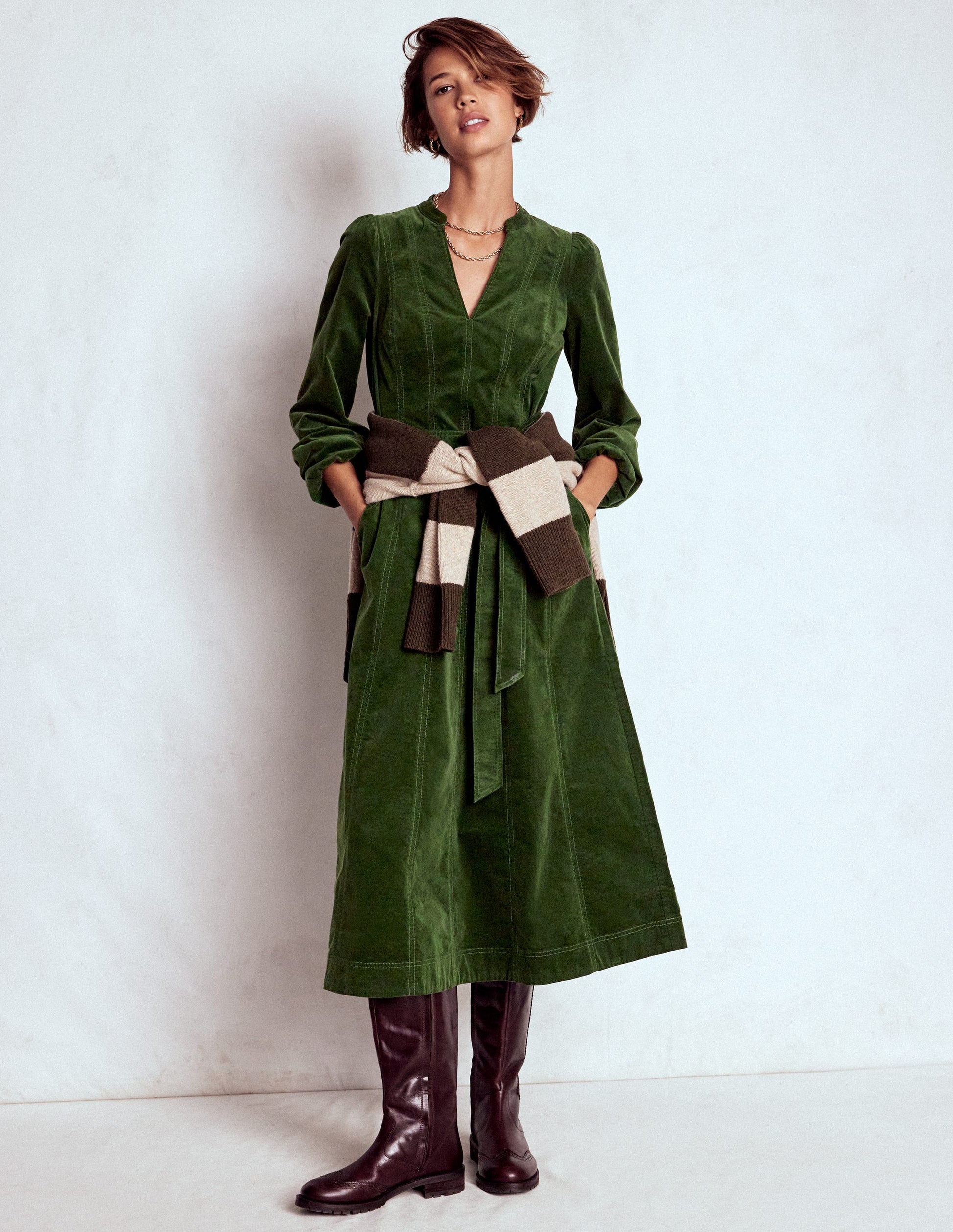 Ros Panelled Cord Midi Dress-Green Fir-6