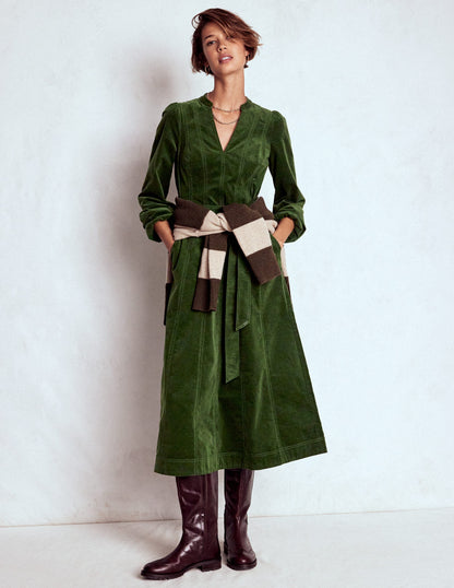 Ros Panelled Cord Midi Dress-Green Fir-6