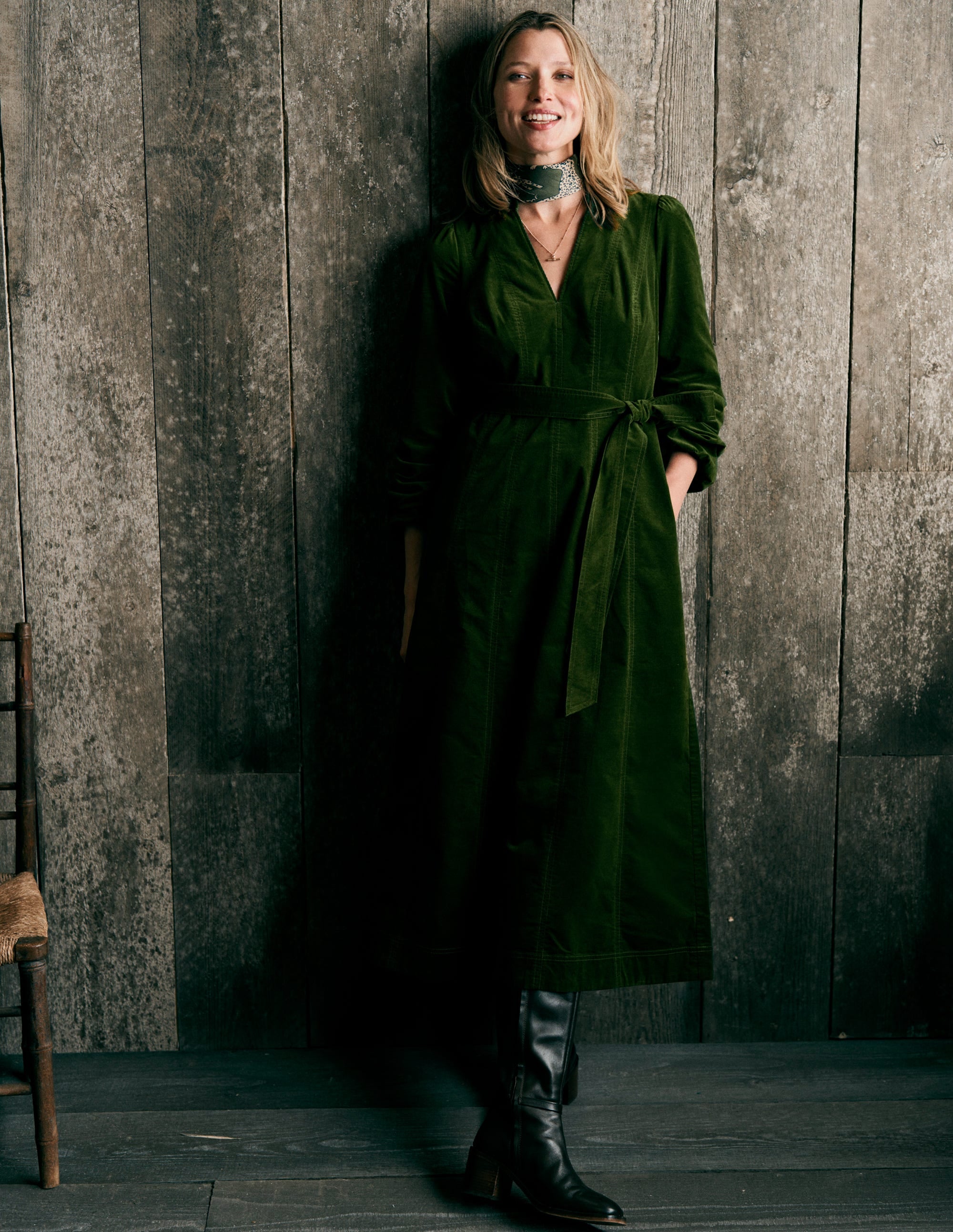 Ros Panelled Cord Midi Dress-Green Fir | Boden USA