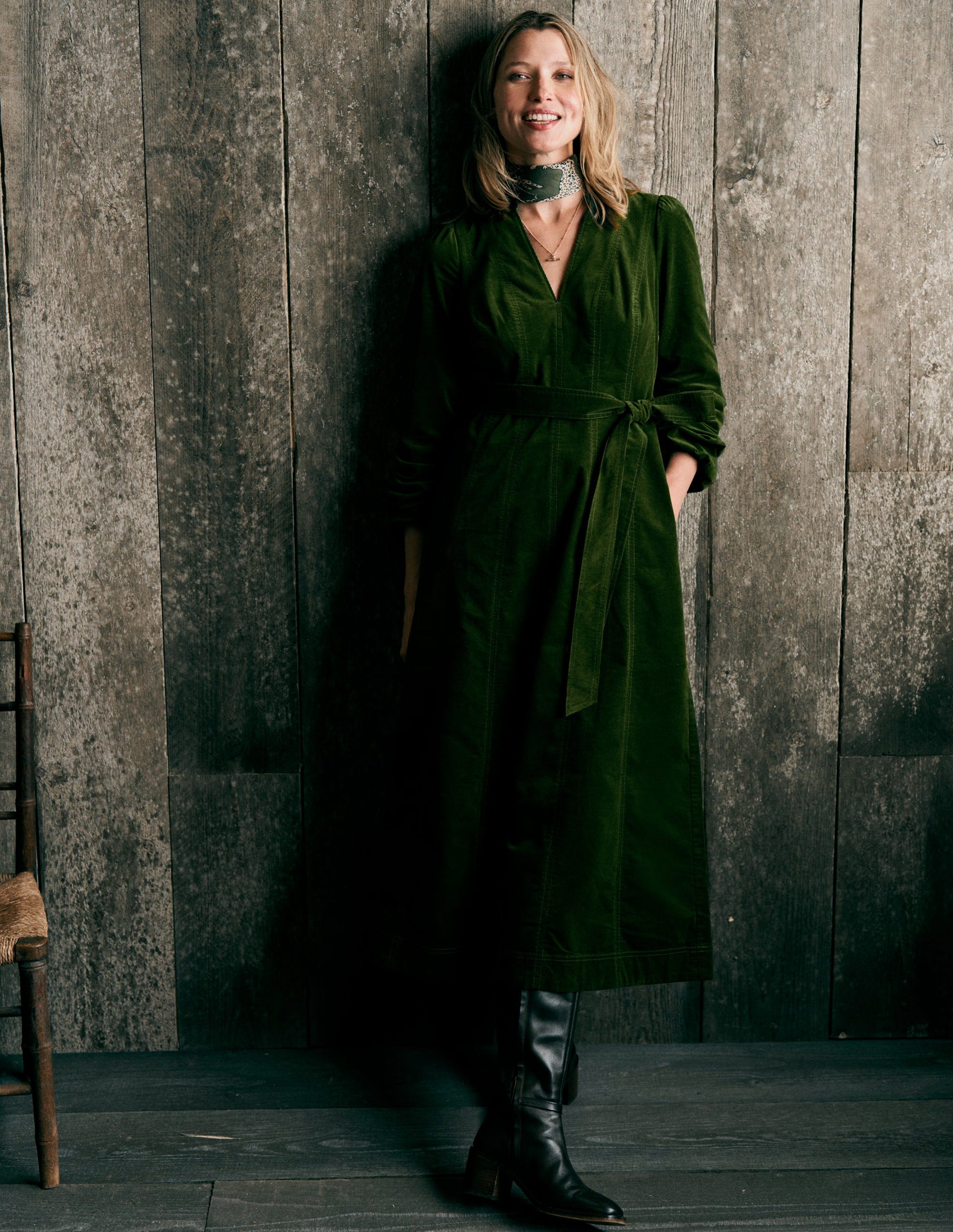 Ros Panelled Cord Midi Dress-Green Fir | Boden USA Ros Panelled Cord Midi Dress-Green Fir | Boden USA