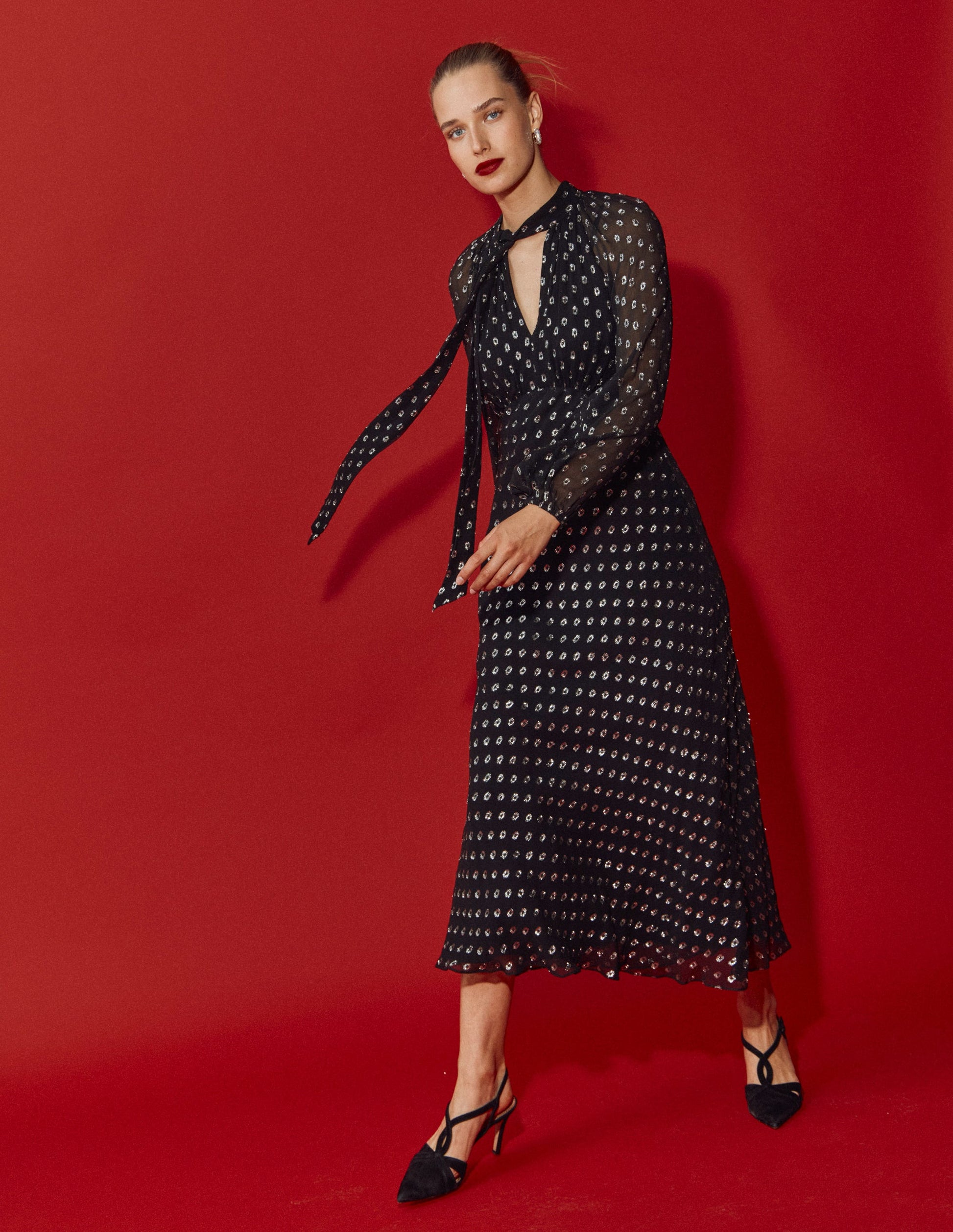 Tie Neck Midi Dress-Black and Silver Clip | Boden USA Tie Neck Midi Dress-Black and Silver Clip | Boden USA
