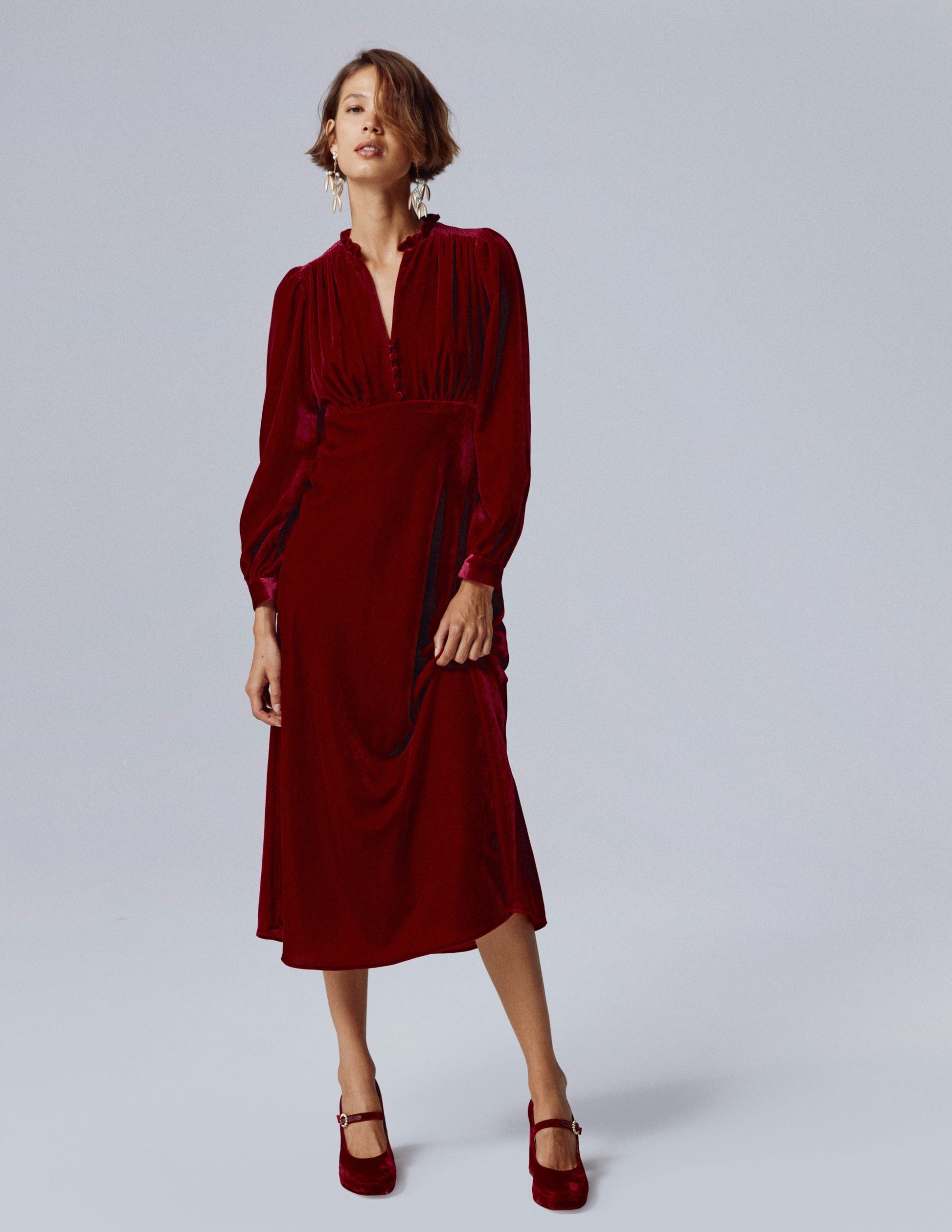 boden red velvet dress Boden Thea Velvet Midi Dress in Red