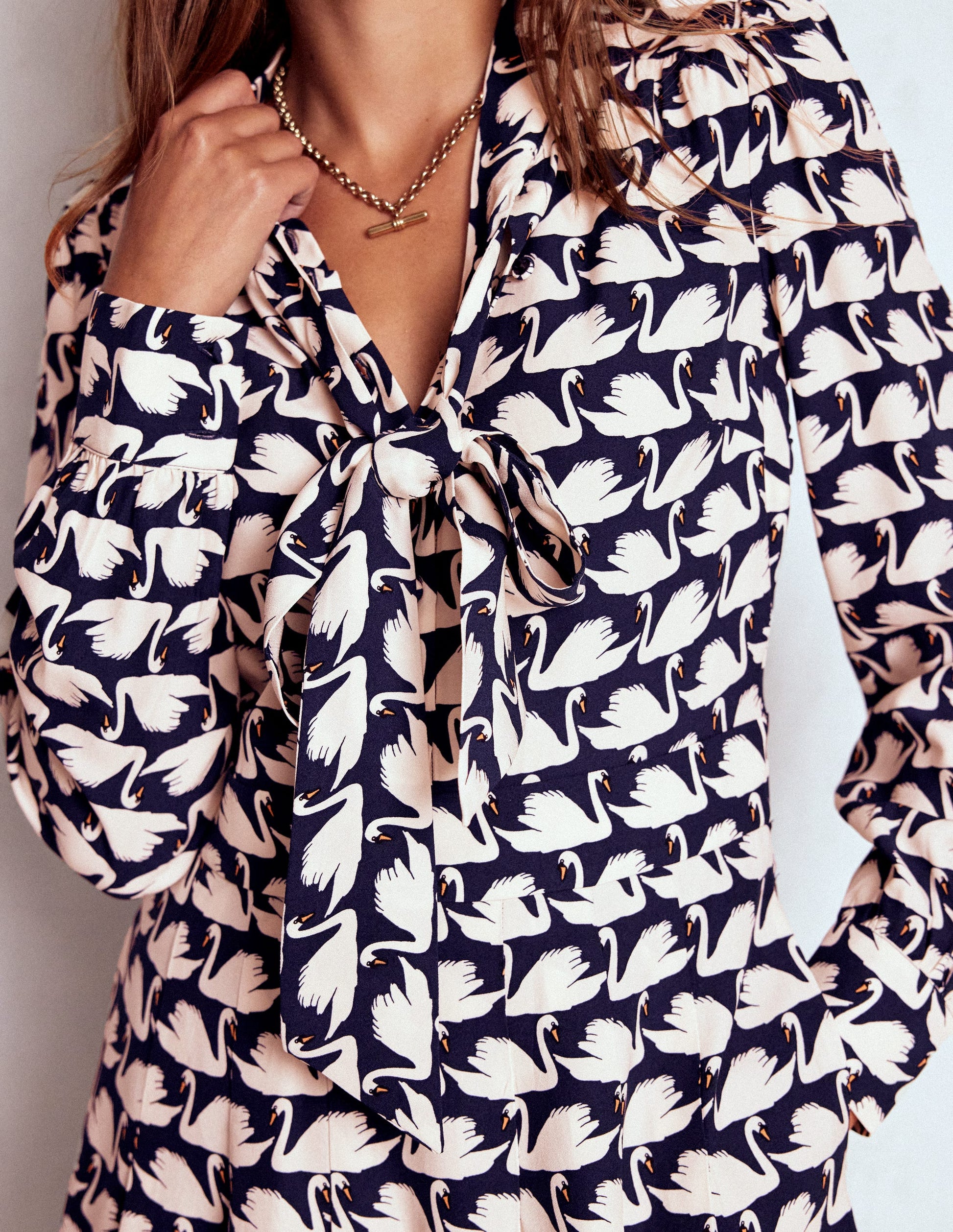 Tie Neck Short Dress-French Navy, Geo Swan-2