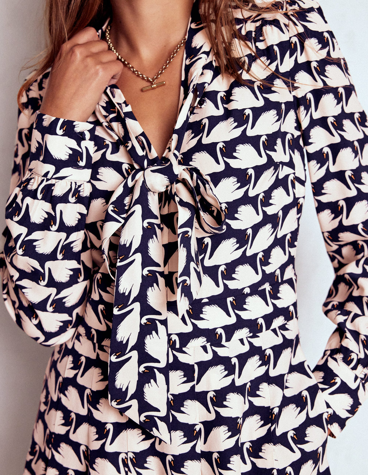 Tie Neck Short Dress-French Navy, Geo Swan - Image 2