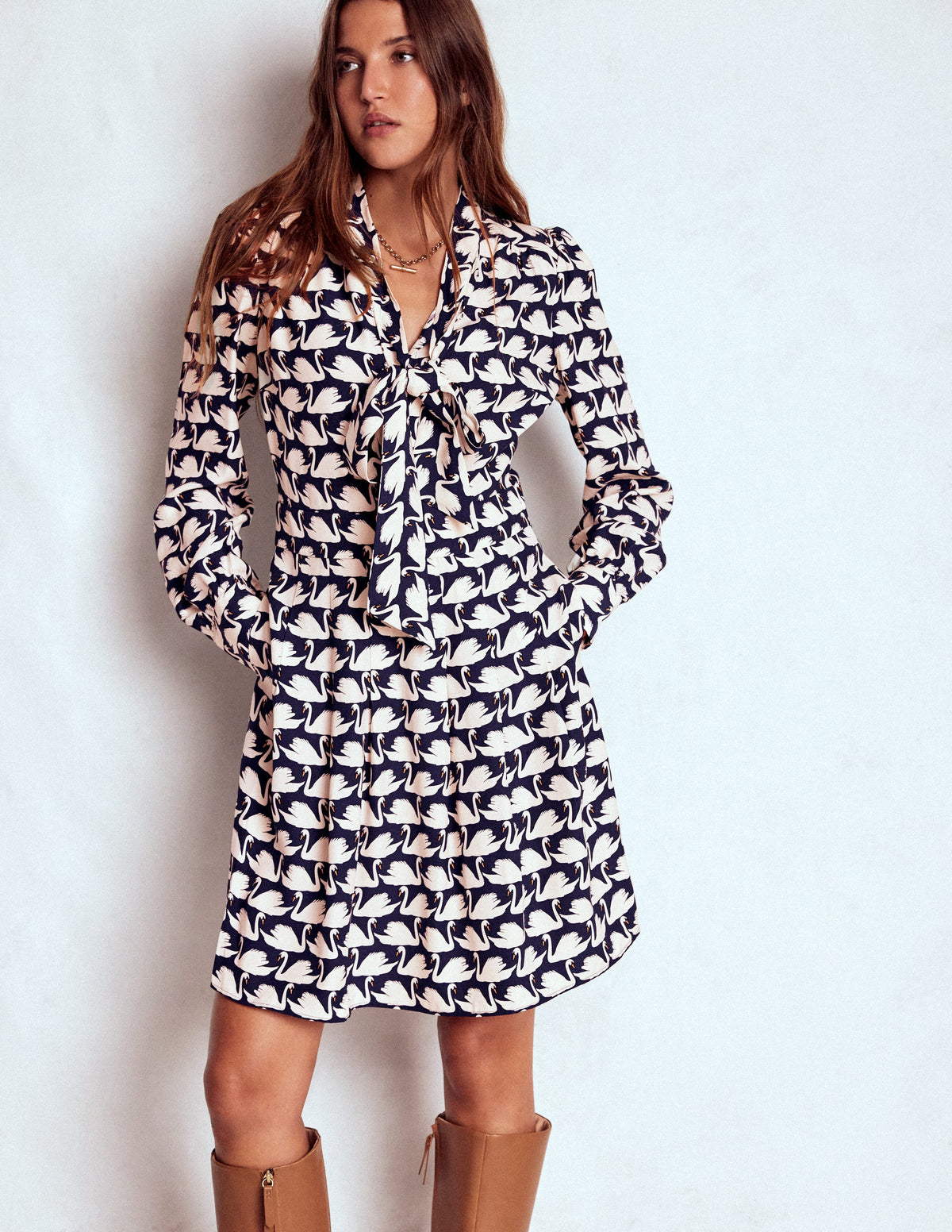 Tie Neck Short Dress-French Navy, Geo Swan - Image 5