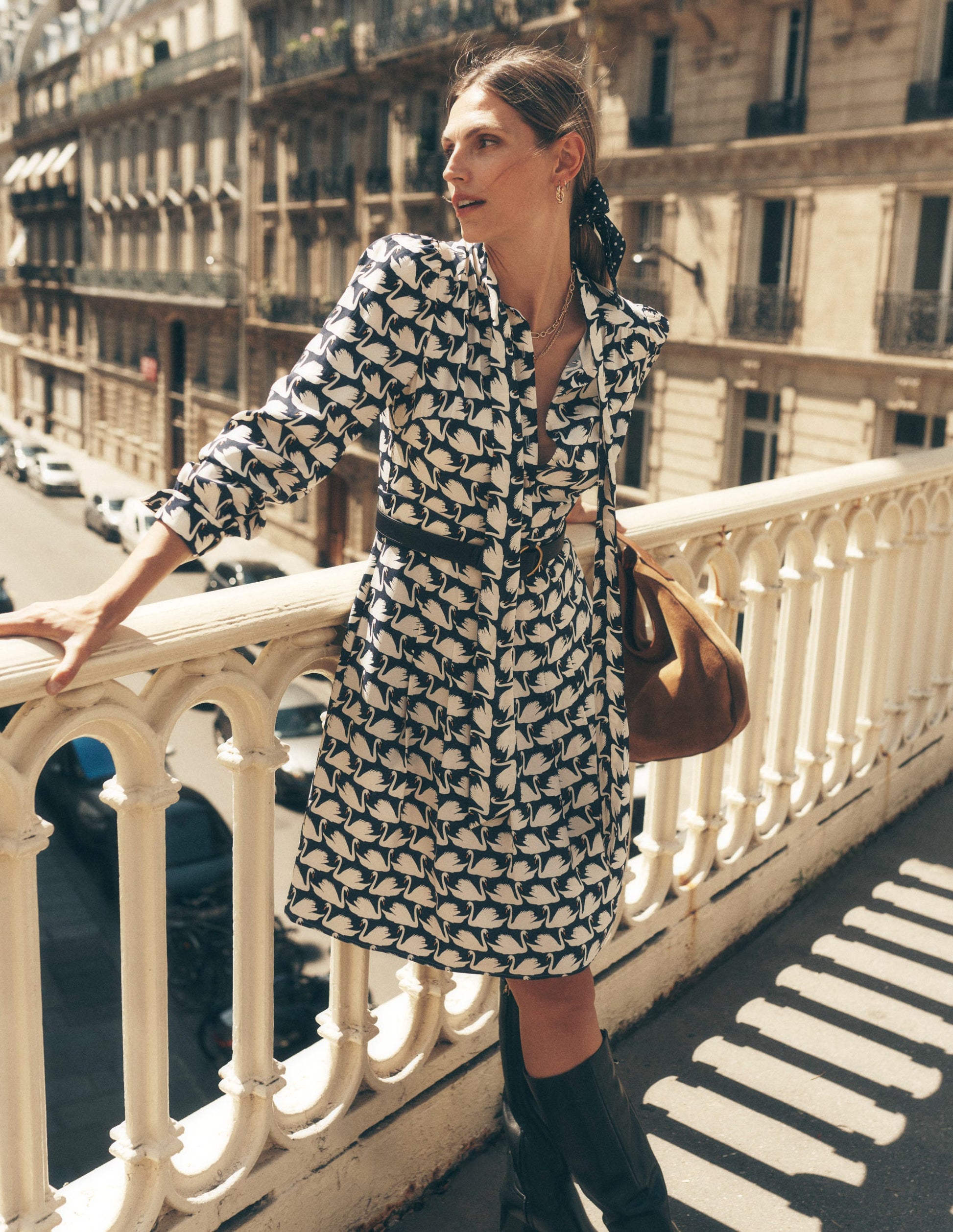 Tie Neck Short Dress-French Navy, Geo Swan-6