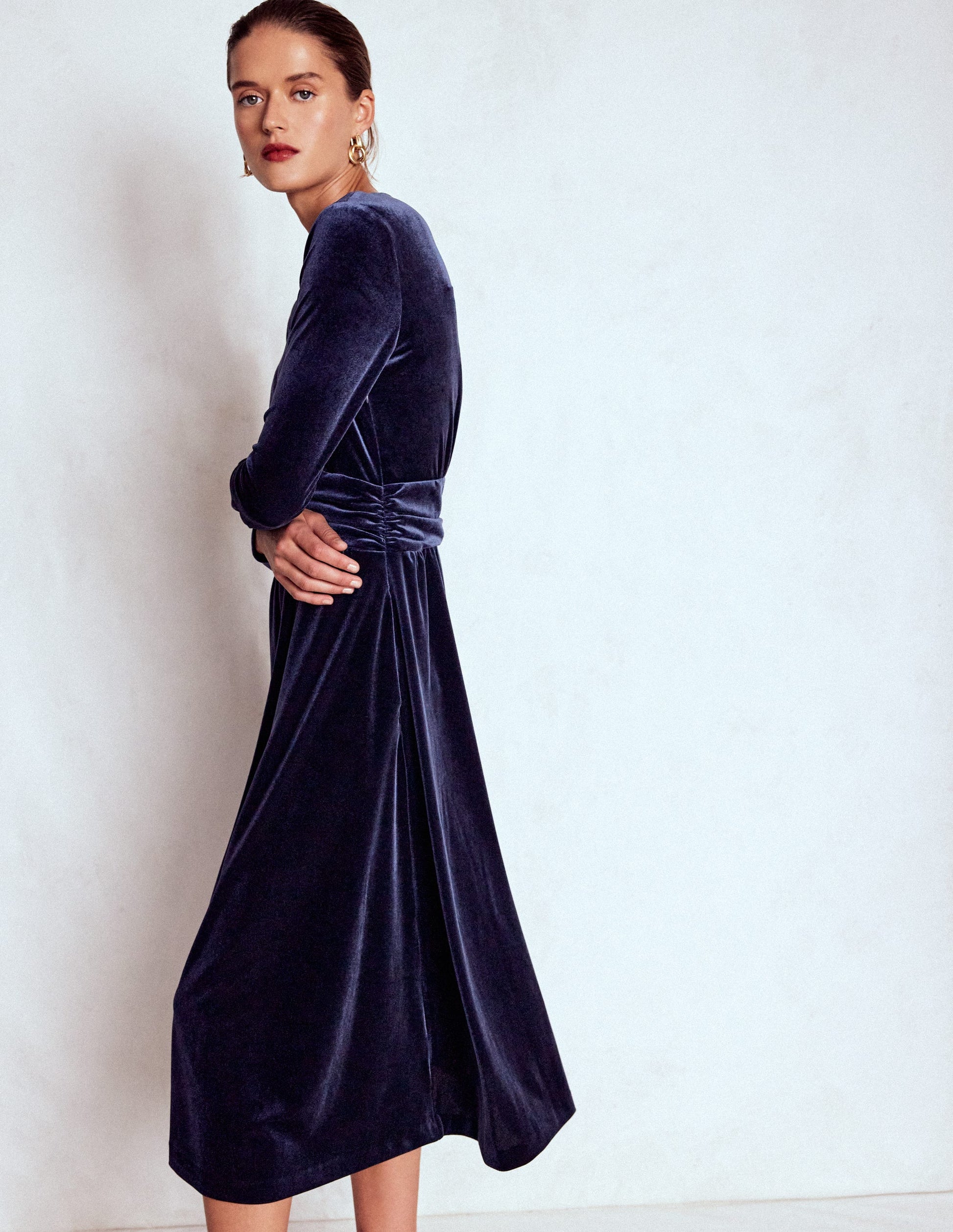 navy blue velvet dress long sleeve Blue V-neck Velvet Dress, Long Sleeve Fashion Dress P275 PreppyDress