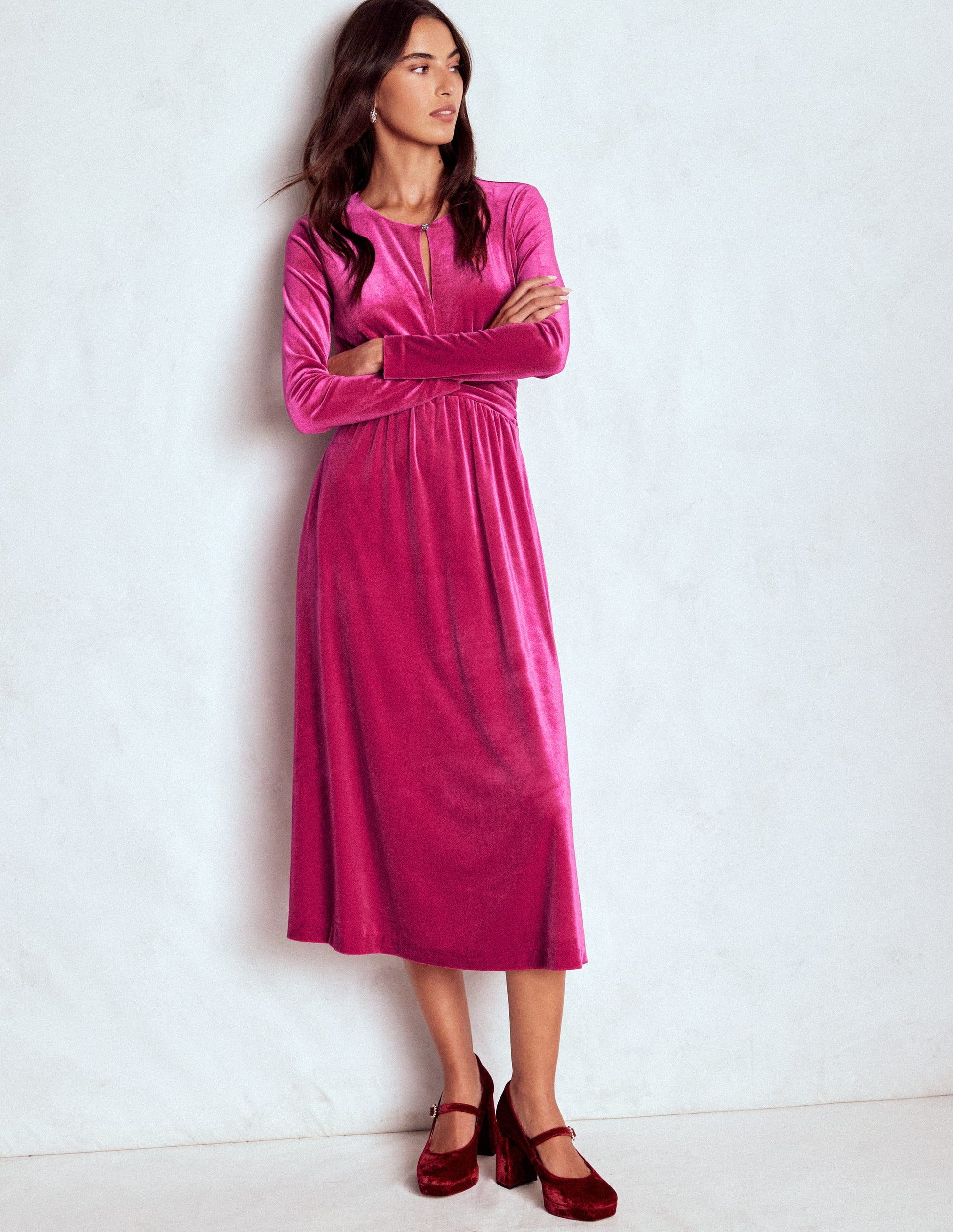 Boden Women's Tilda Velvet Midi Dress in Pink | Size 8 Boden Women's Tilda Velvet Midi Dress in Pink | Size 8