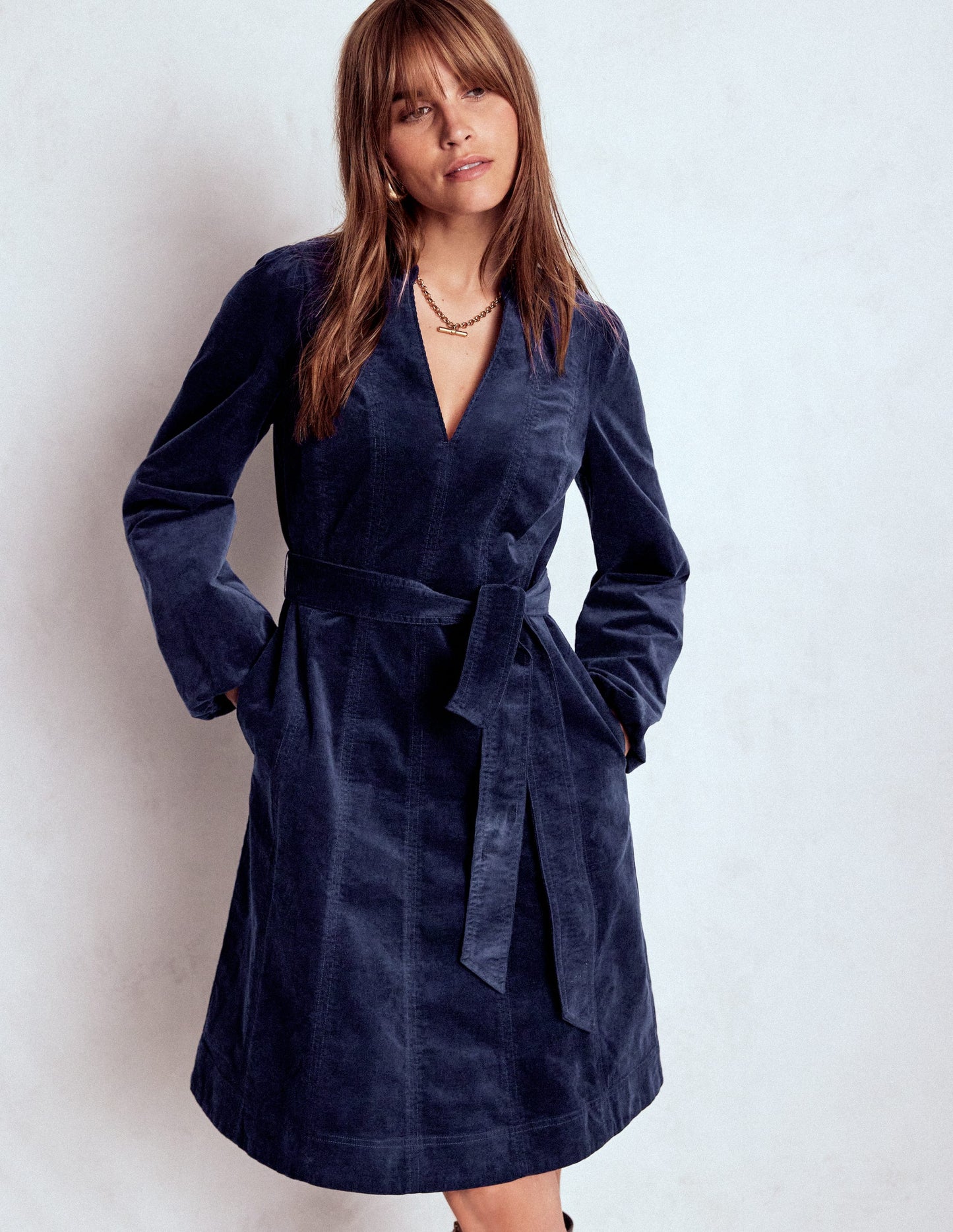 Ros Panelled Cord Short Dress-Navy