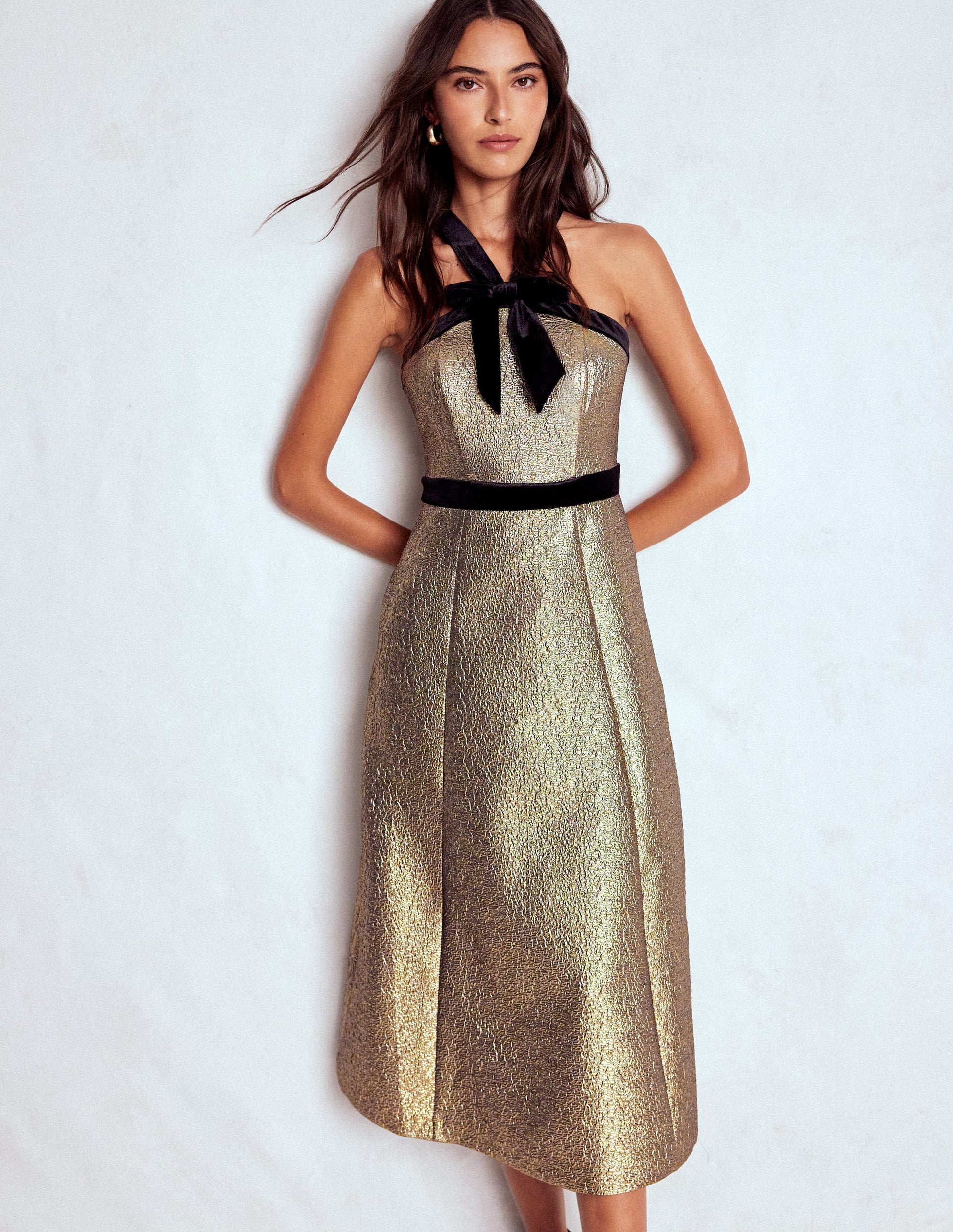 Boden Women's Halter Fit & Flare Gold Dress in Metallic | Size 16/18 Boden Women's Halter Fit & Flare Gold Dress in Metallic | Size 16/18