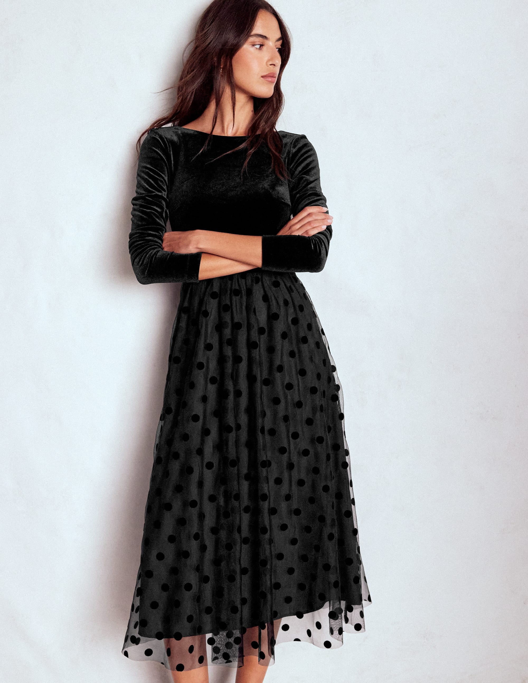 Velvet Bodice Jersey Dress-Black | Boden USA