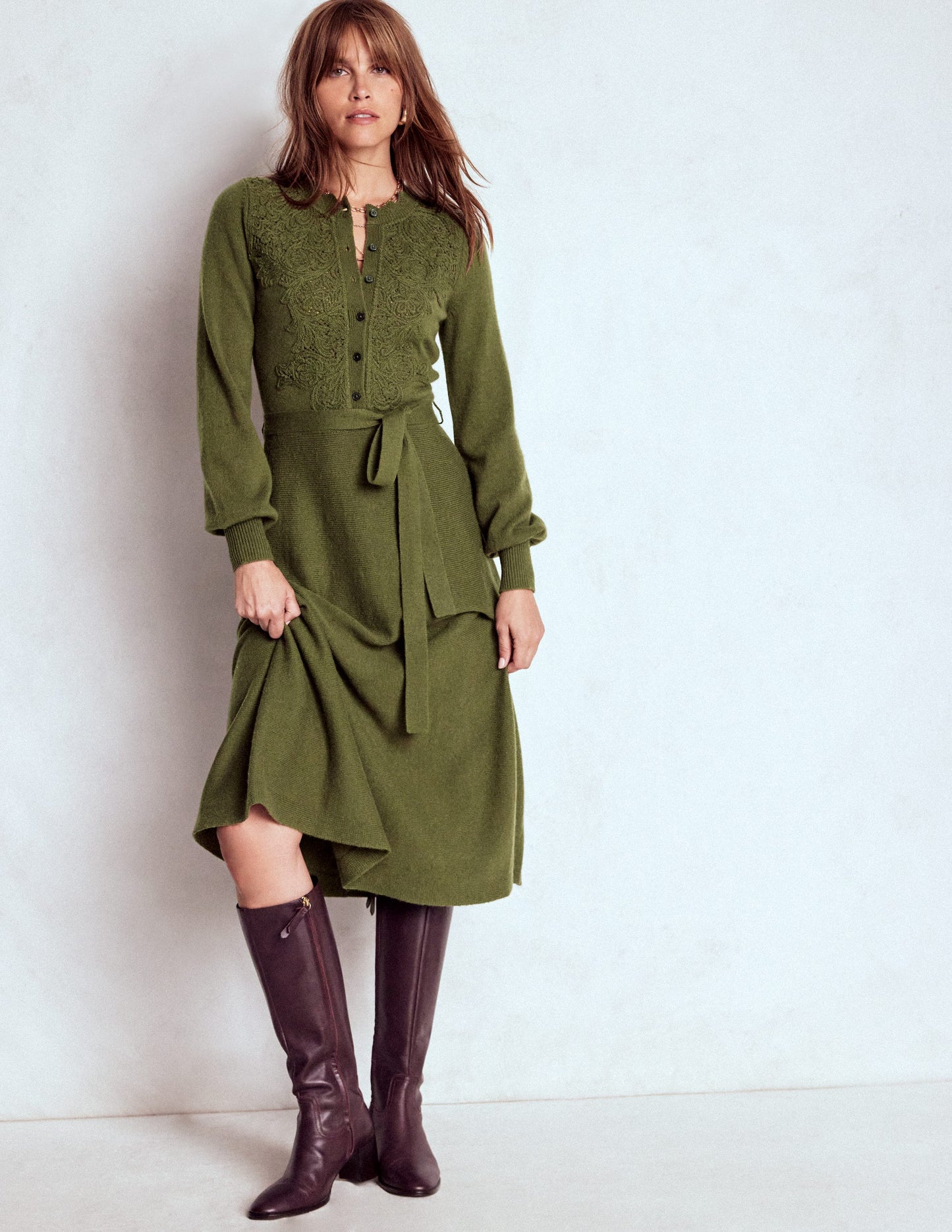 Lace Insert Knitted Midi Dress-Forest Glade