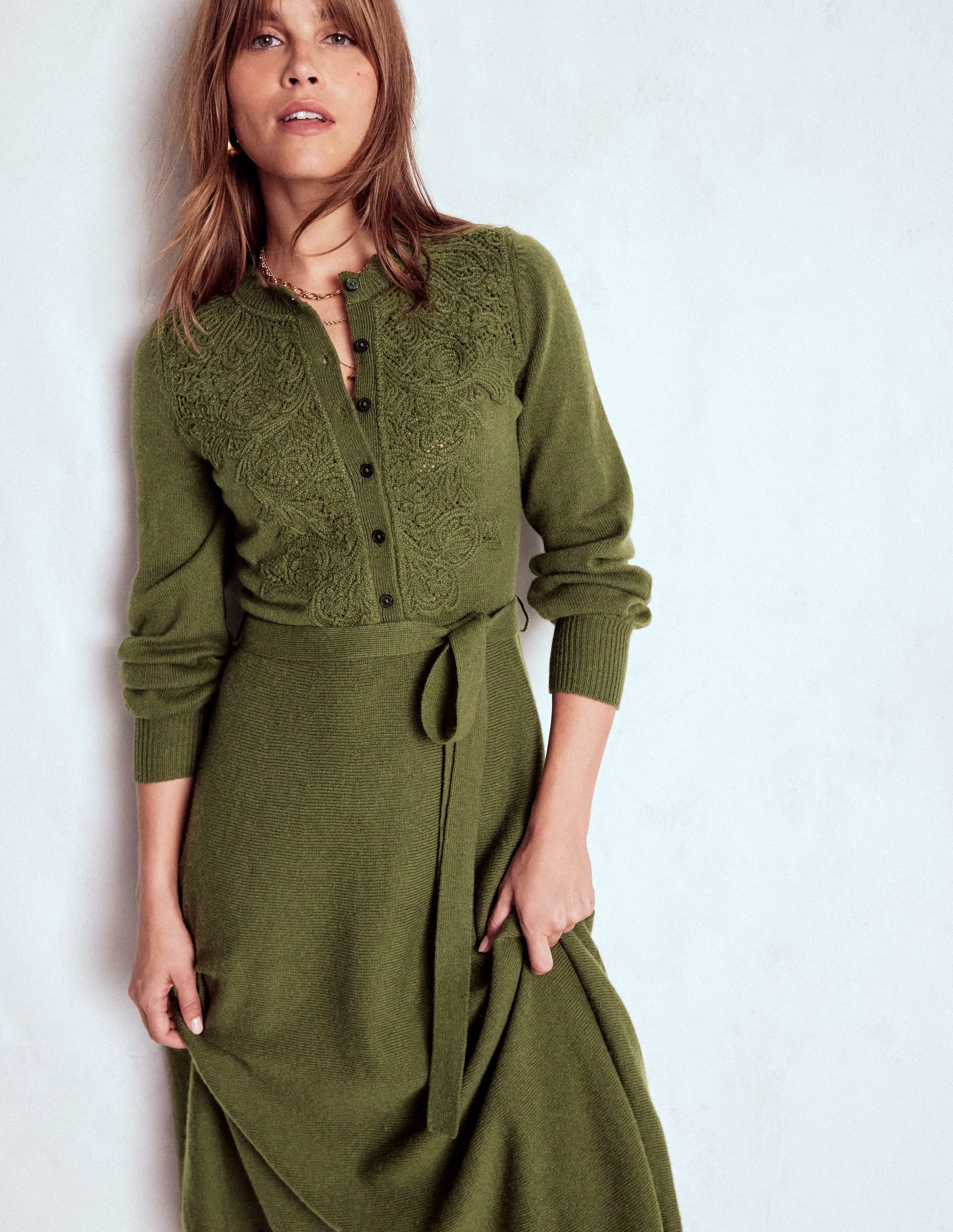 Lace Insert Knitted Midi Dress-Forest Glade - Image 4