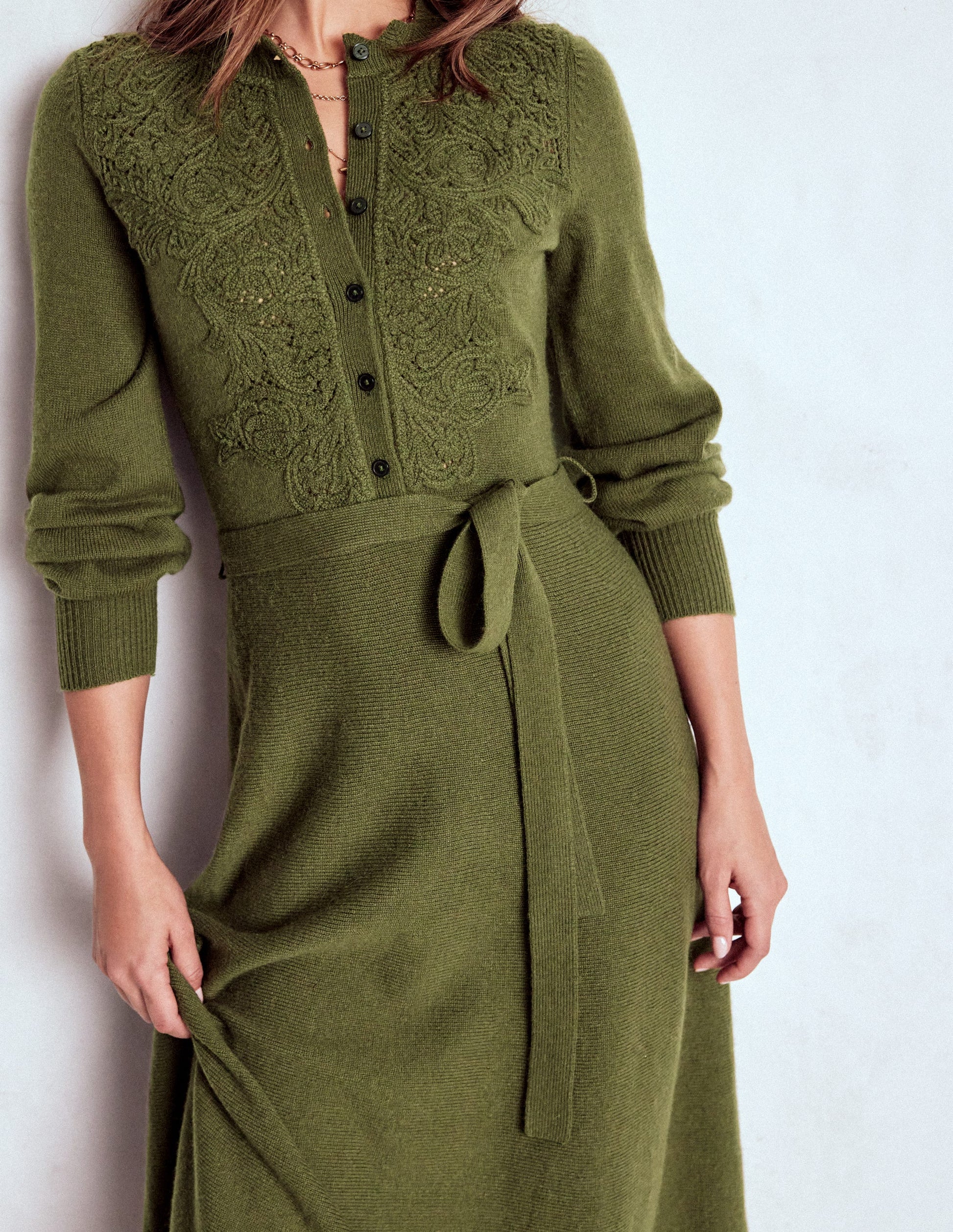 Lace Insert Knitted Midi Dress-Forest Glade | Boden USA Lace Insert Knitted Midi Dress-Forest Glade | Boden USA
