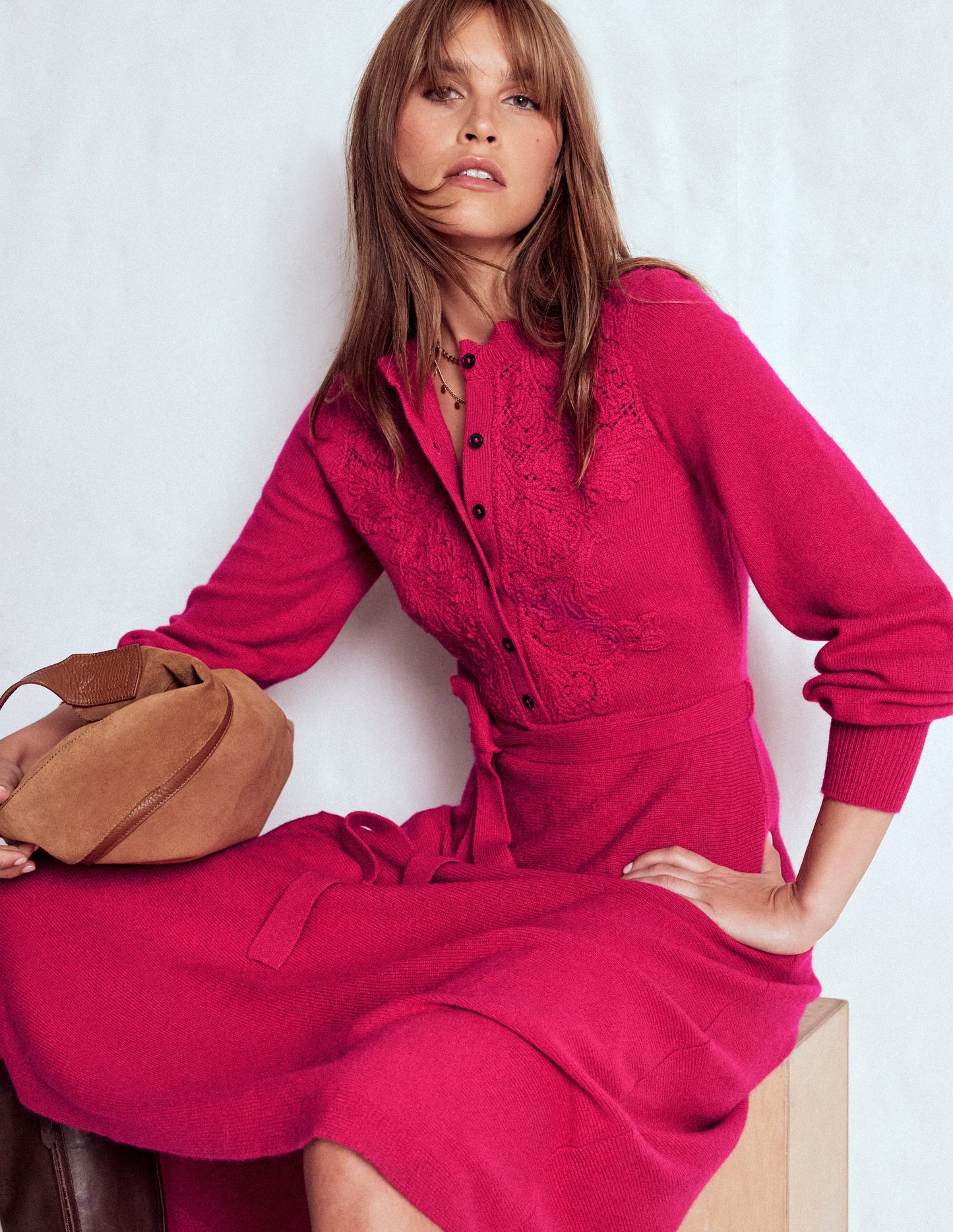 Lace Insert Knitted Midi Dress-Vibrant Pink