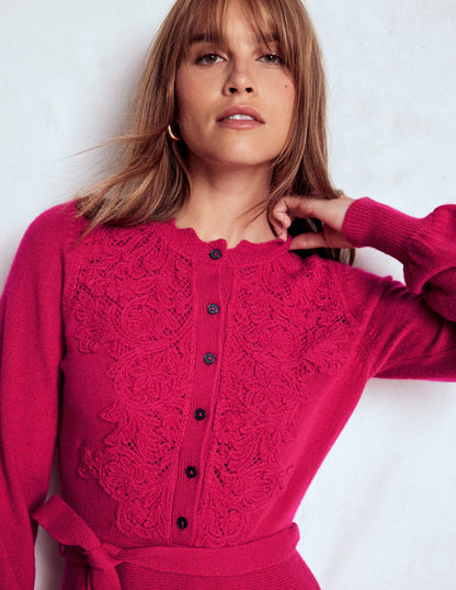 Lace Insert Knitted Midi Dress-Vibrant Pink-2