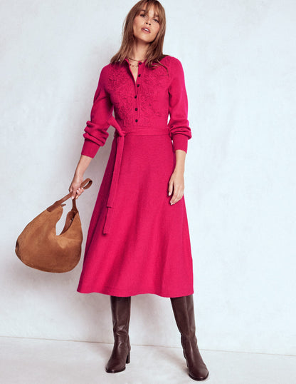 Lace Insert Knitted Midi Dress-Vibrant Pink-4