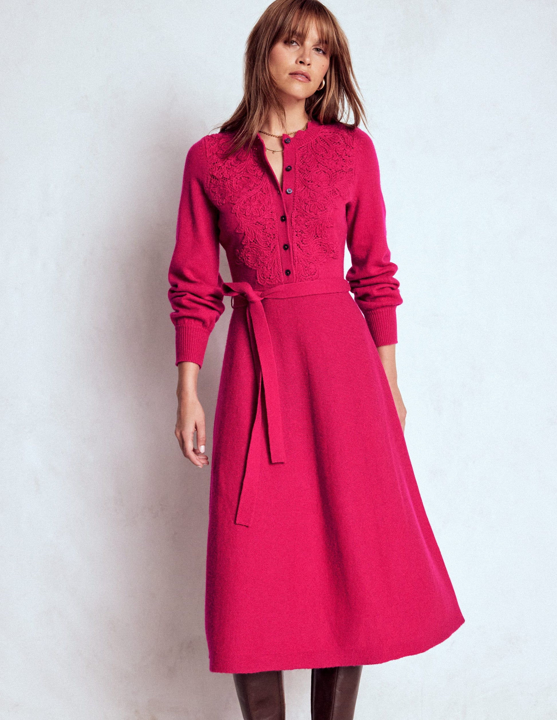 Boden Women's Lace Insert Knitted Midi Dress in Pink | Size 4 Boden Women's Lace Insert Knitted Midi Dress in Pink | Size 4