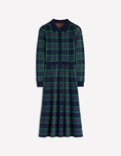 Fiona Zip Front Knitted Dress-Green Check-7