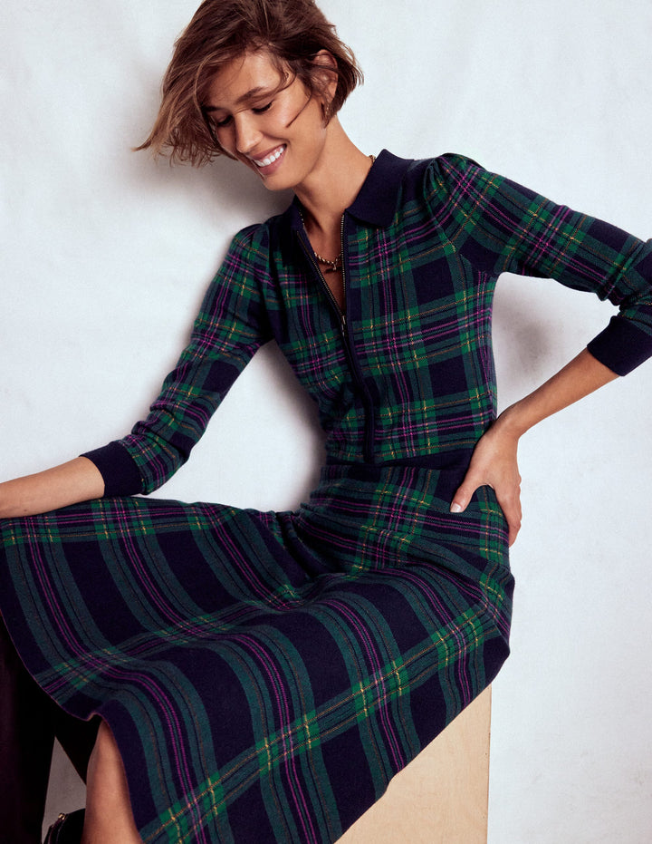Fiona Zip Front Knitted Dress-Green Check