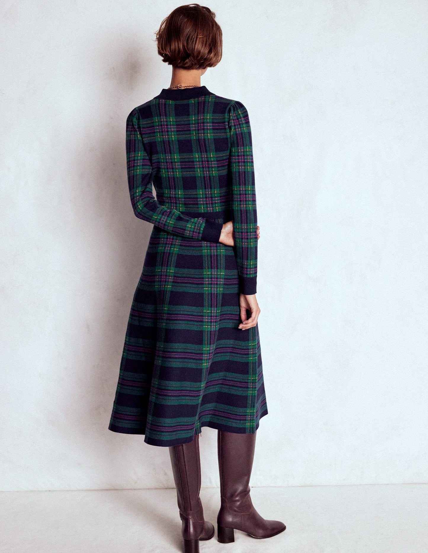 Fiona Zip Front Knitted Dress-Green Check