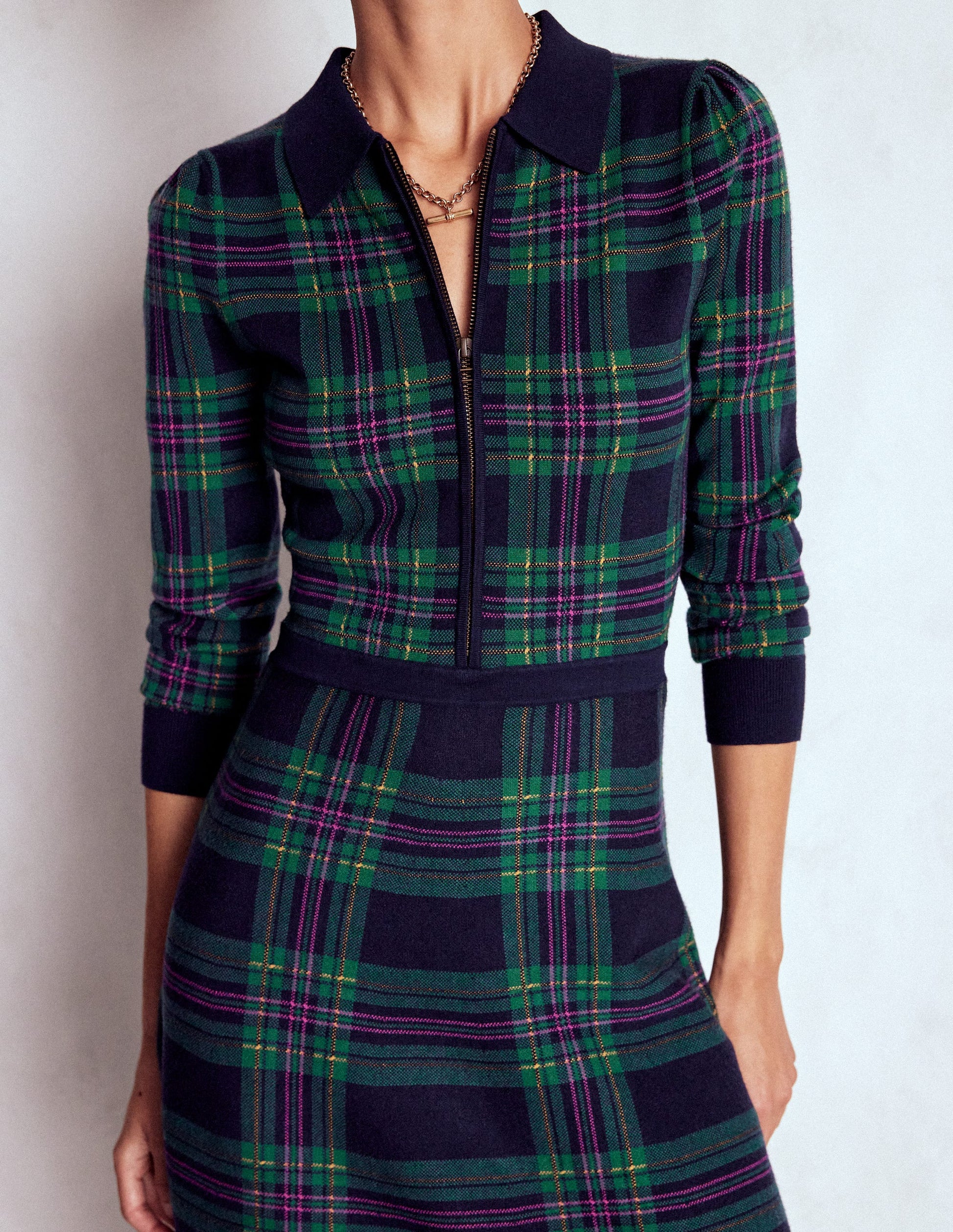 Fiona Zip Front Knitted Dress-Green Check-5