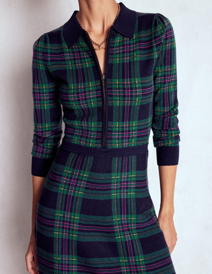 Fiona Zip Front Knitted Dress-Green Check-5