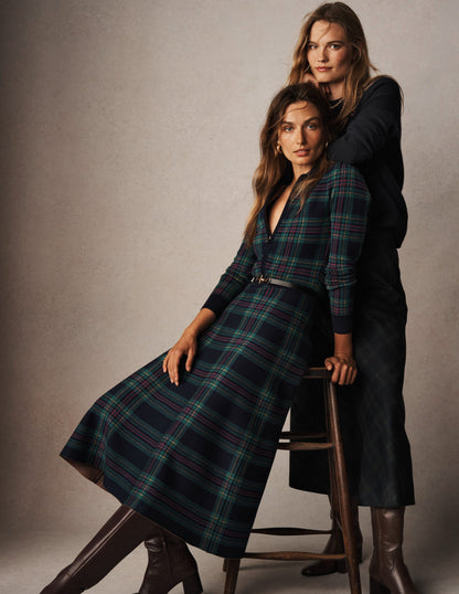 Fiona Zip Front Knitted Dress-Green Check-6