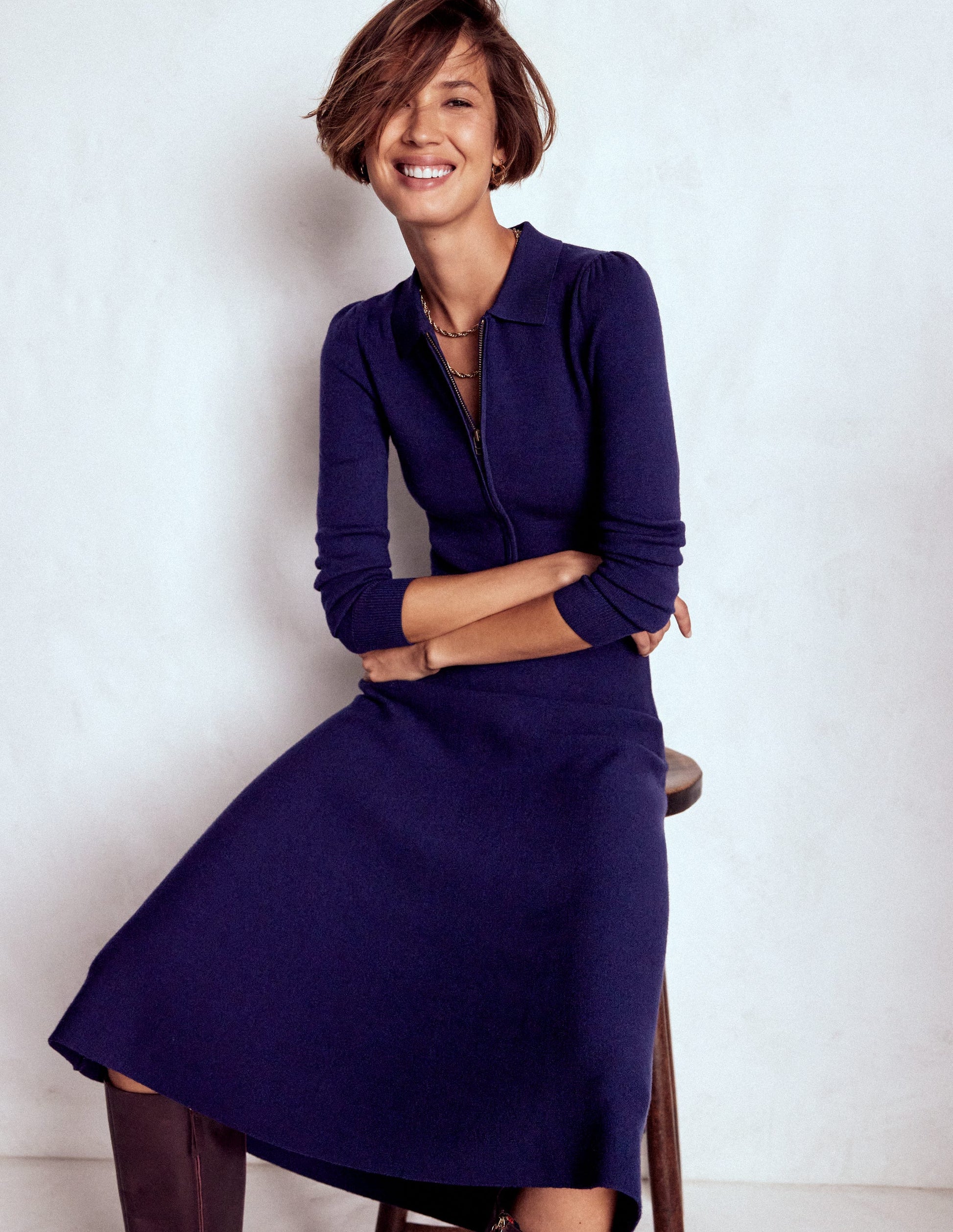 Fiona Zip Front Knitted Dress-Navy | Boden USA Fiona Zip Front Knitted Dress-Navy | Boden USA