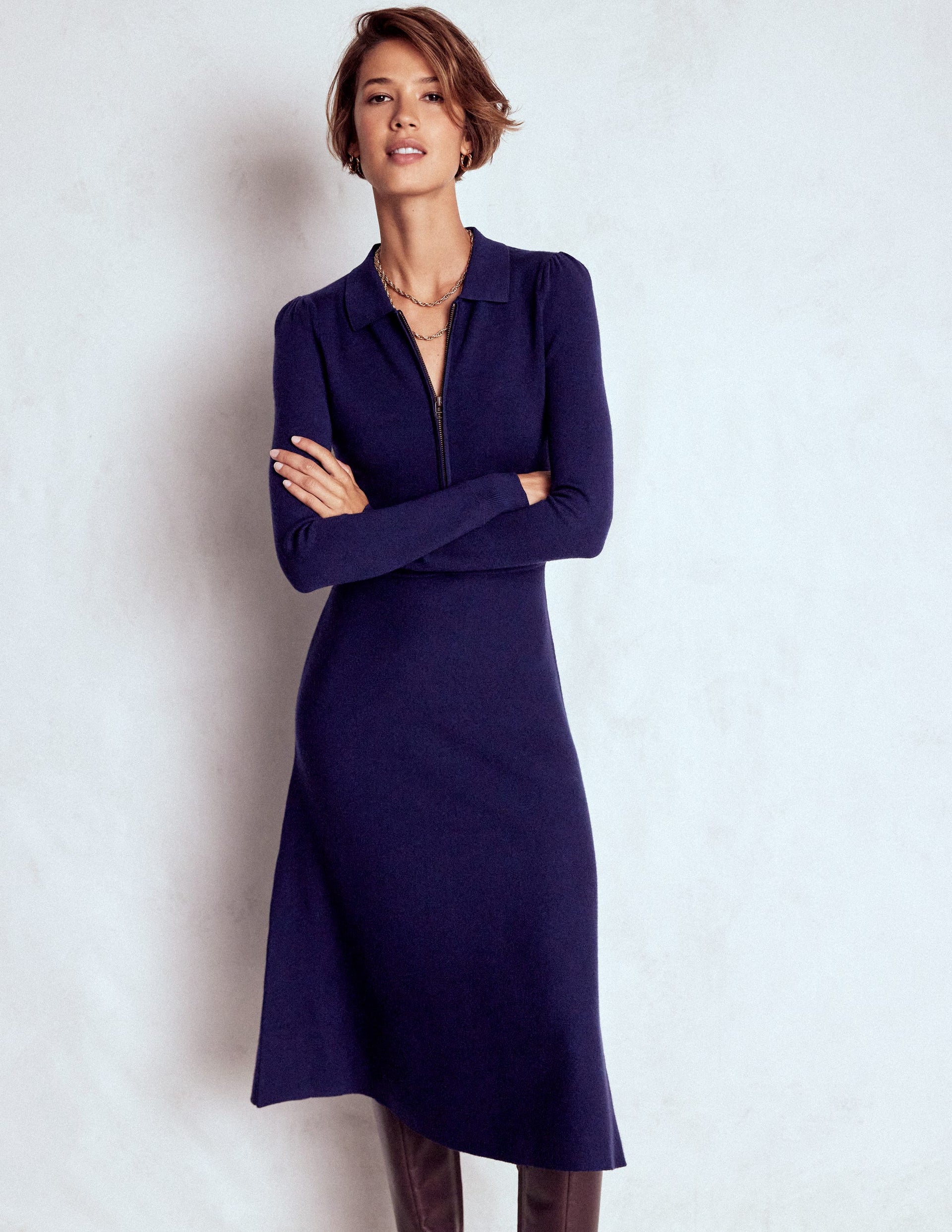 Fiona Zip Front Knitted Dress-Navy | Boden USA Fiona Zip Front Knitted Dress-Navy | Boden USA
