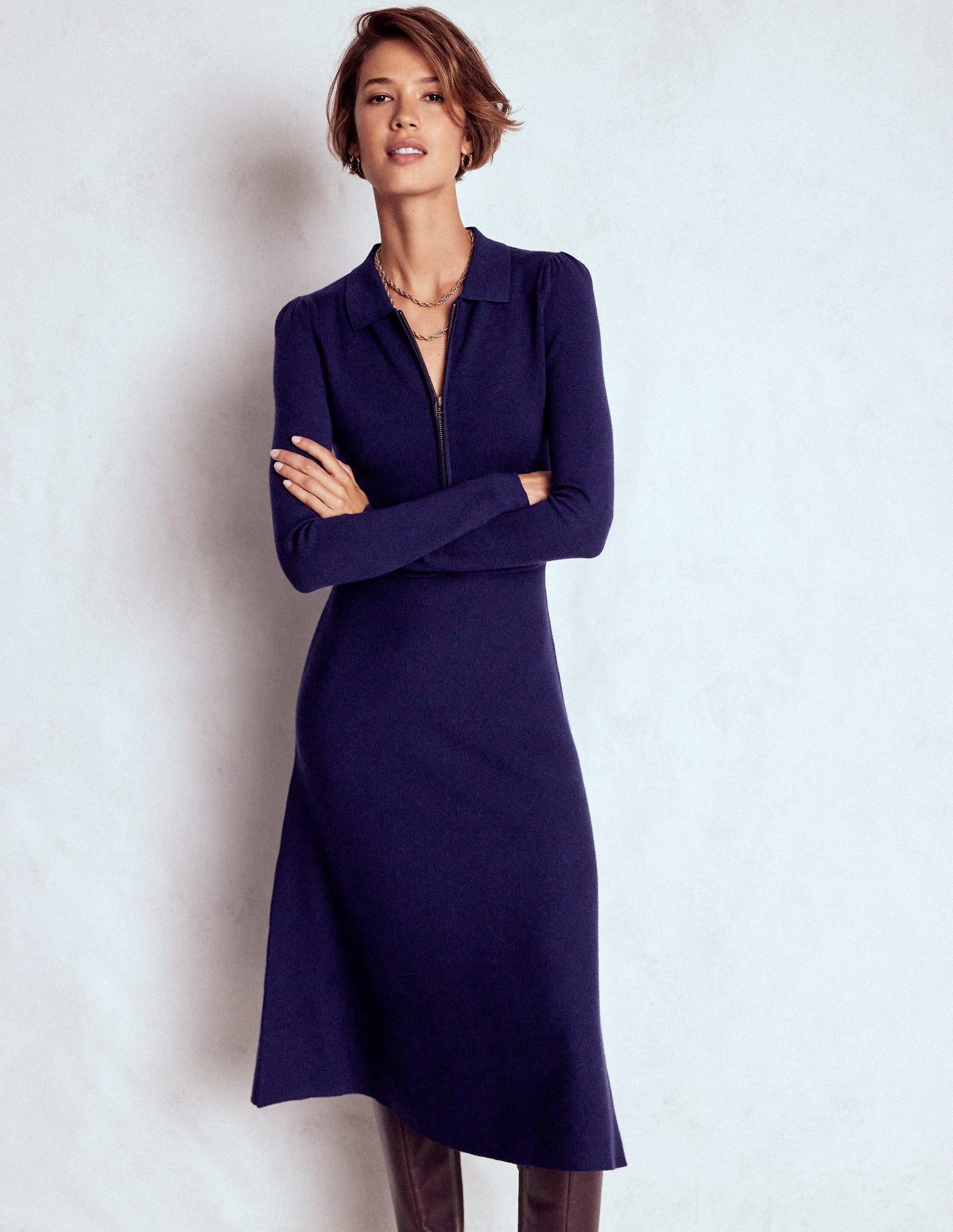Fiona Zip Front Knitted Dress-Navy | Boden USA Fiona Zip Front Knitted Dress-Navy | Boden USA