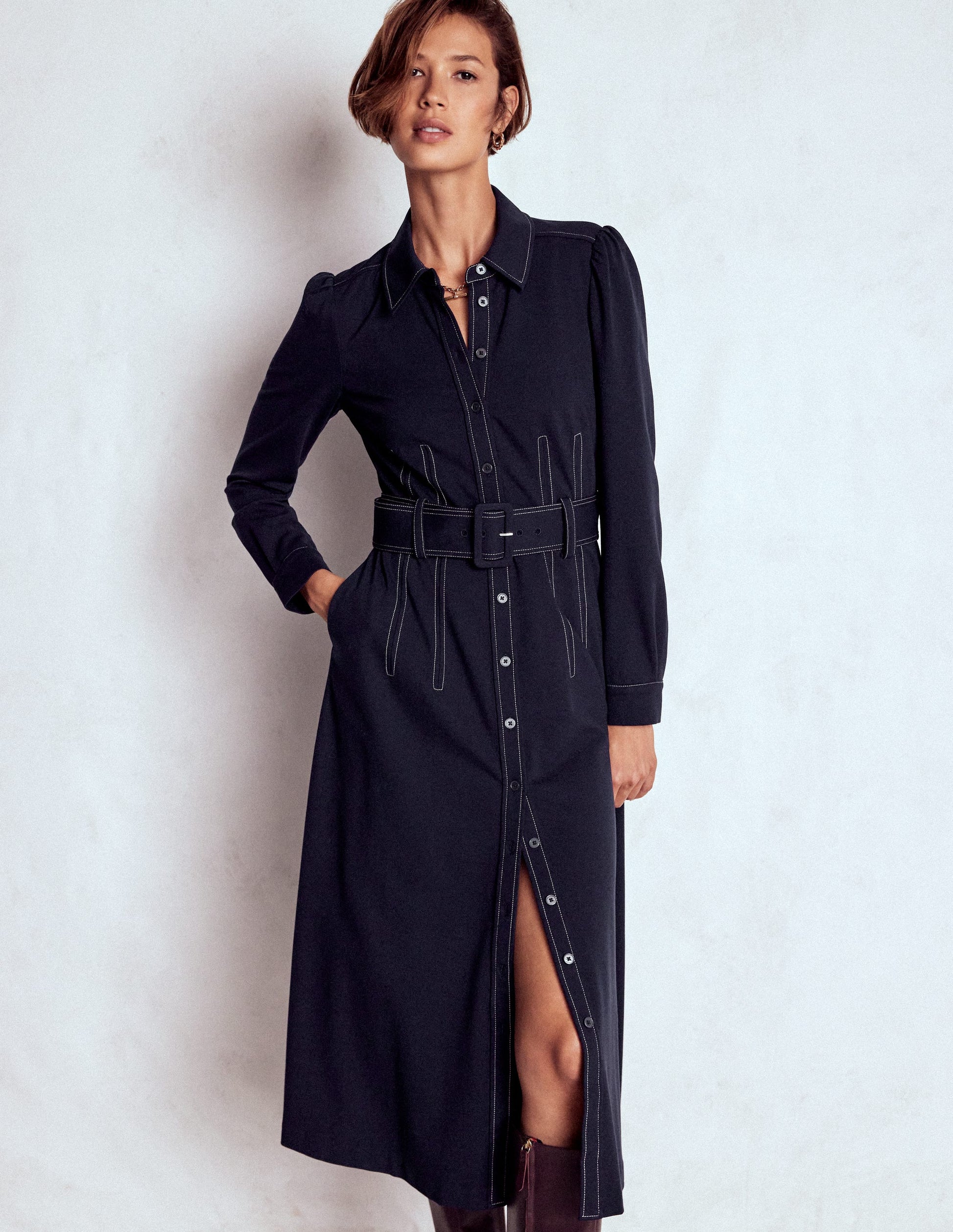 Anita Long Sleeve Shirt Dress-Navy-1
