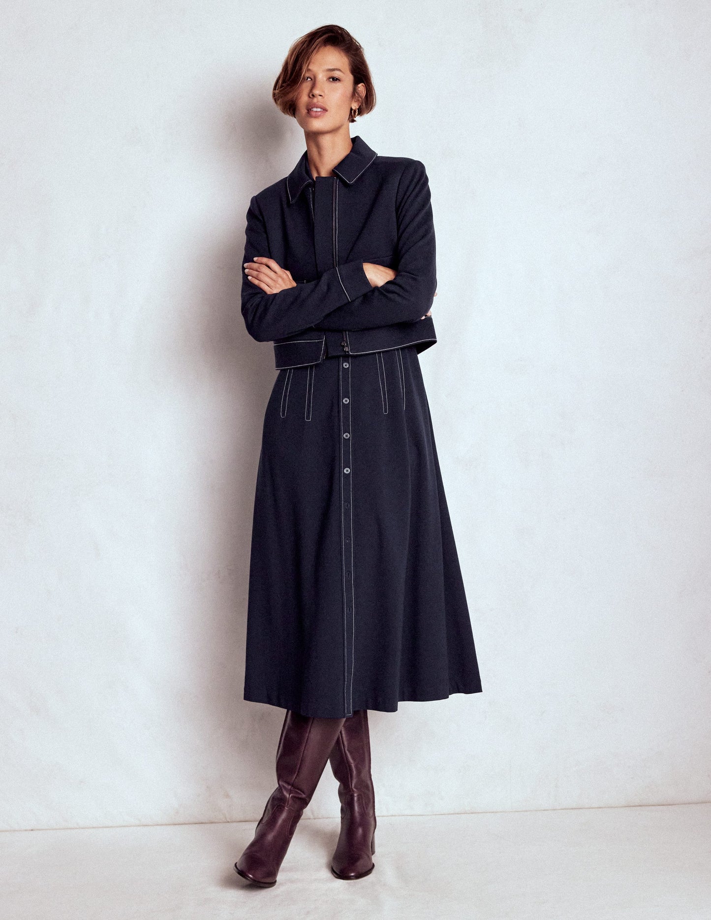 Anita Long Sleeve Shirt Dress-Navy