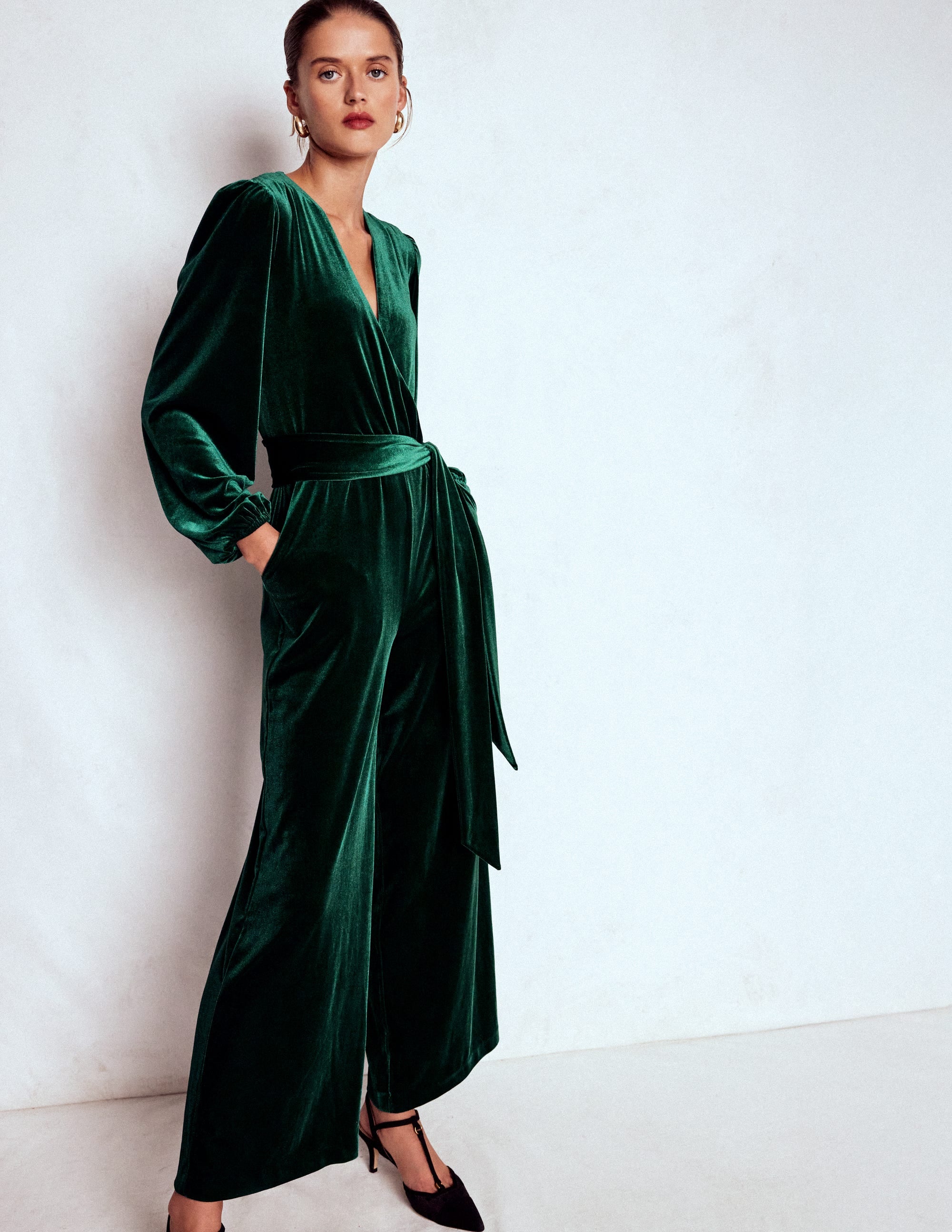 Jersey Velvet Wrap Jumpsuit-Emerald Night | Boden USA