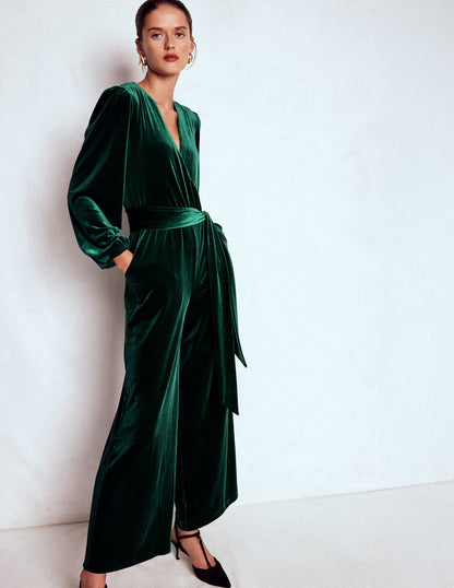 Jersey Velvet Wrap Jumpsuit-Emerald Night-1