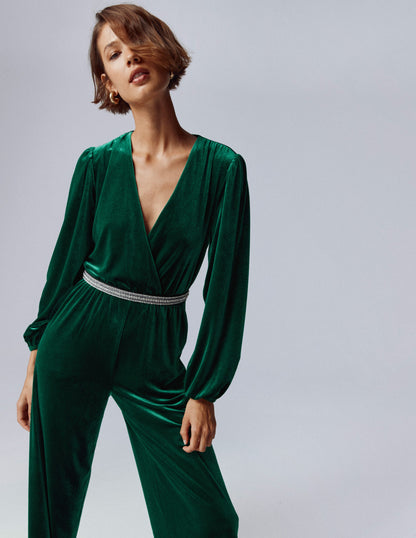 Jersey Velvet Wrap Jumpsuit-Emerald Night-5