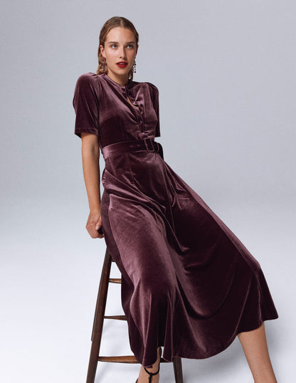 Kate Velvet Shirt Dress-Dark Cherry-1