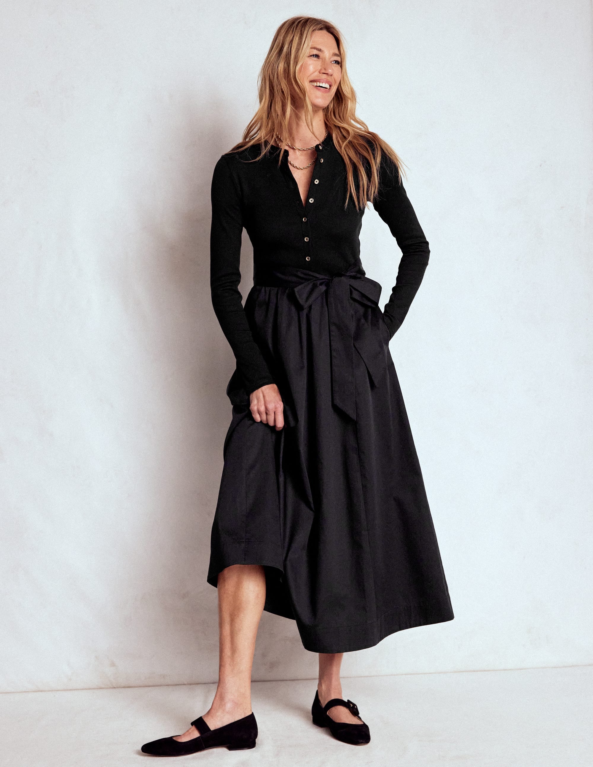 Button Detail Mix Dress-Black - Image 1