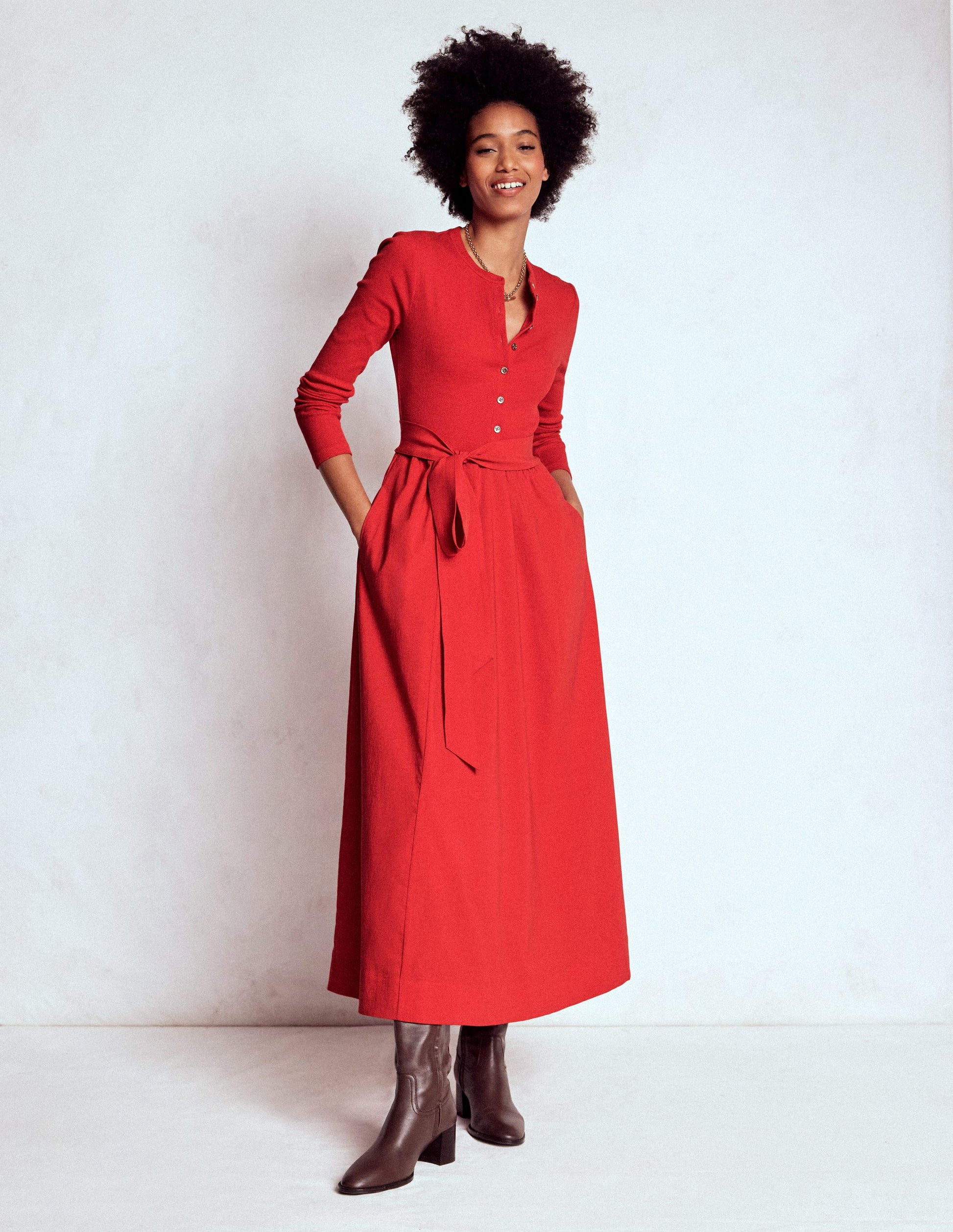 Button Detail Mix Dress-Crimson Red Button Detail Mix Dress-Crimson Red