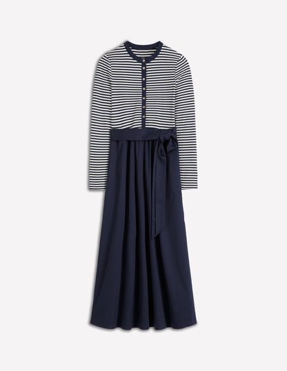 Button Detail Mix Dress-Navy Stripe-5