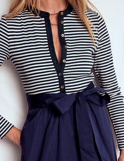 Button Detail Mix Dress-Navy Stripe-2