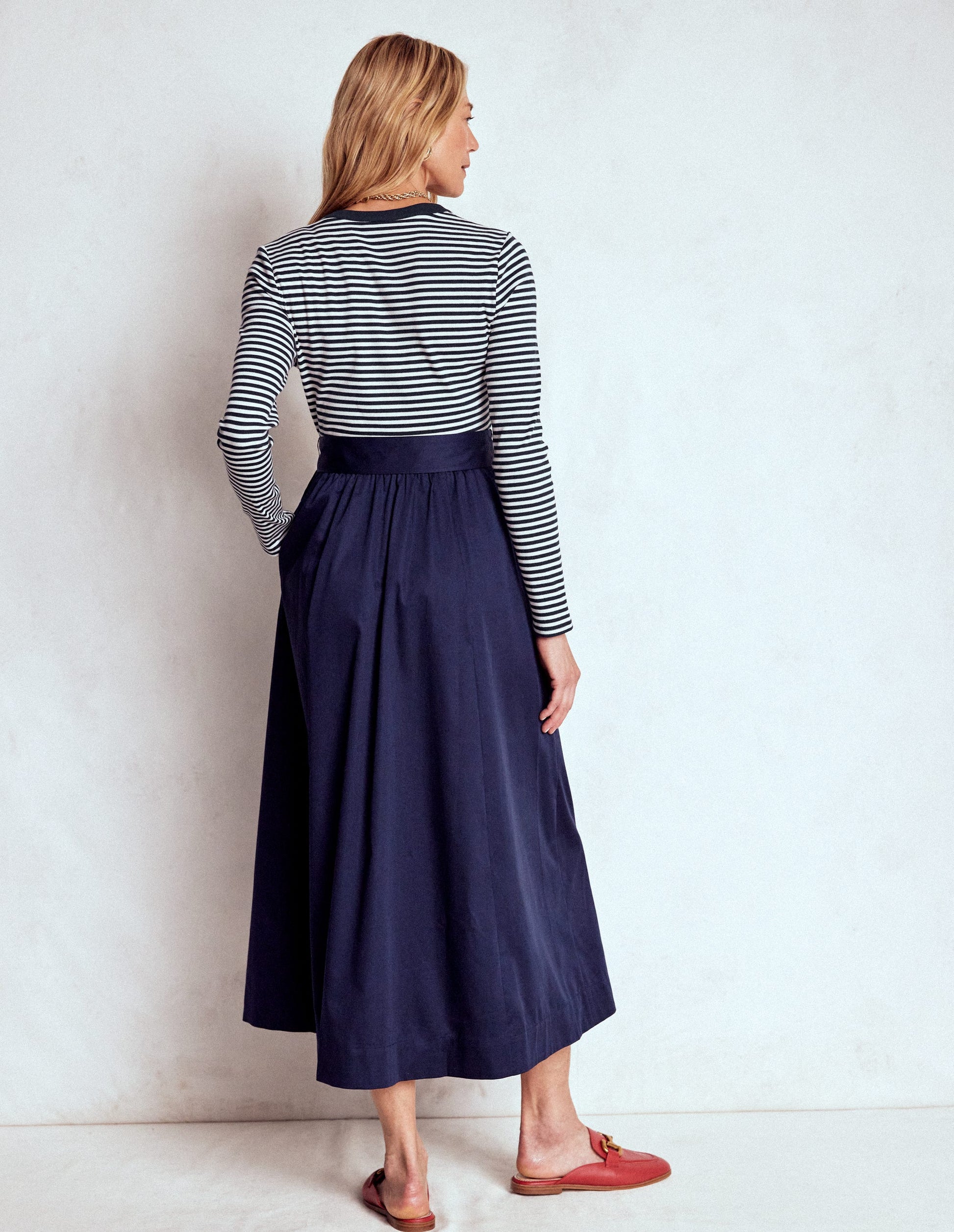 Button Detail Mix Dress-Navy Stripe-3