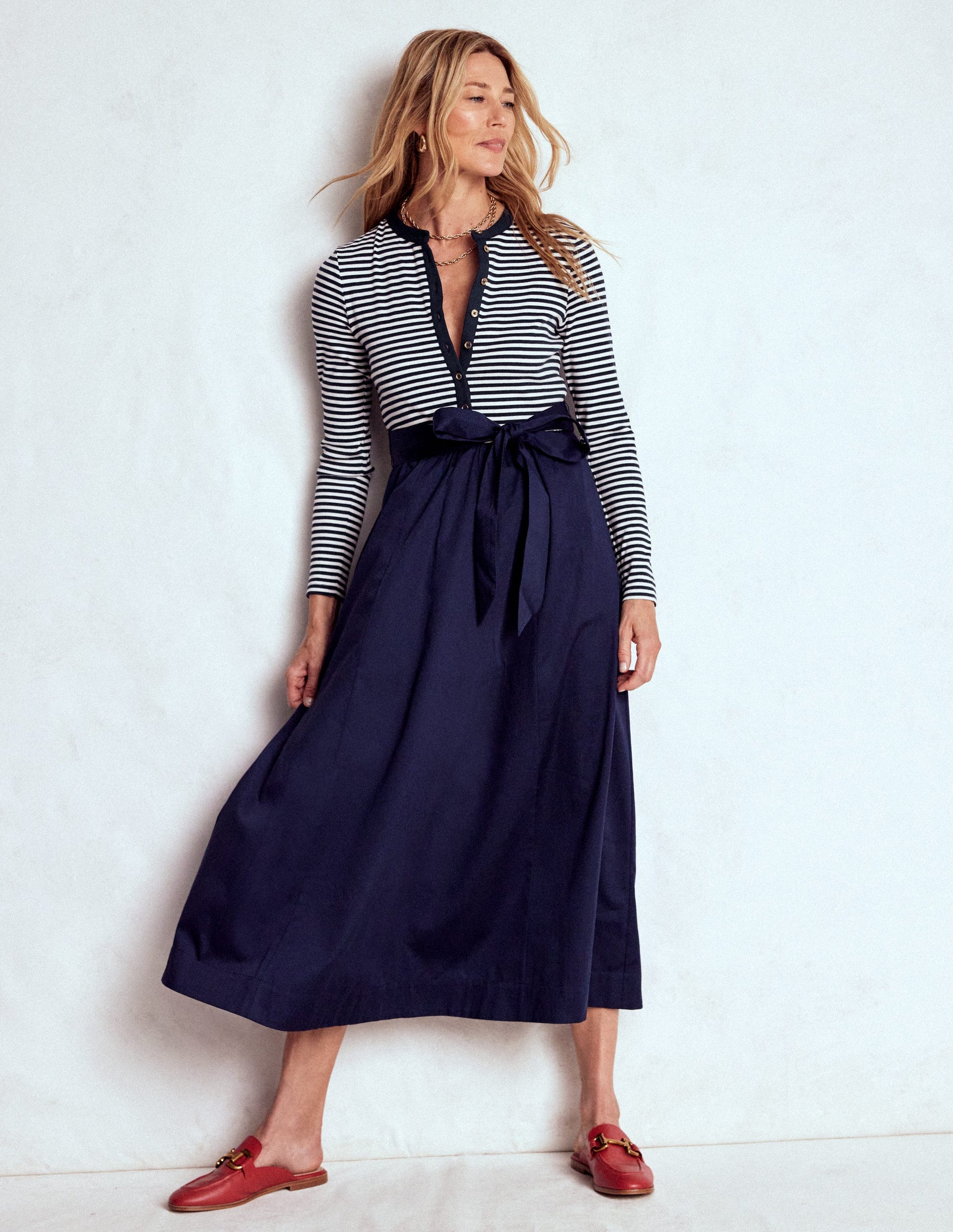 Button Detail Mix Dress-Navy Stripe-4
