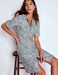 Textured Tab Short Dress-Blue and White Texture